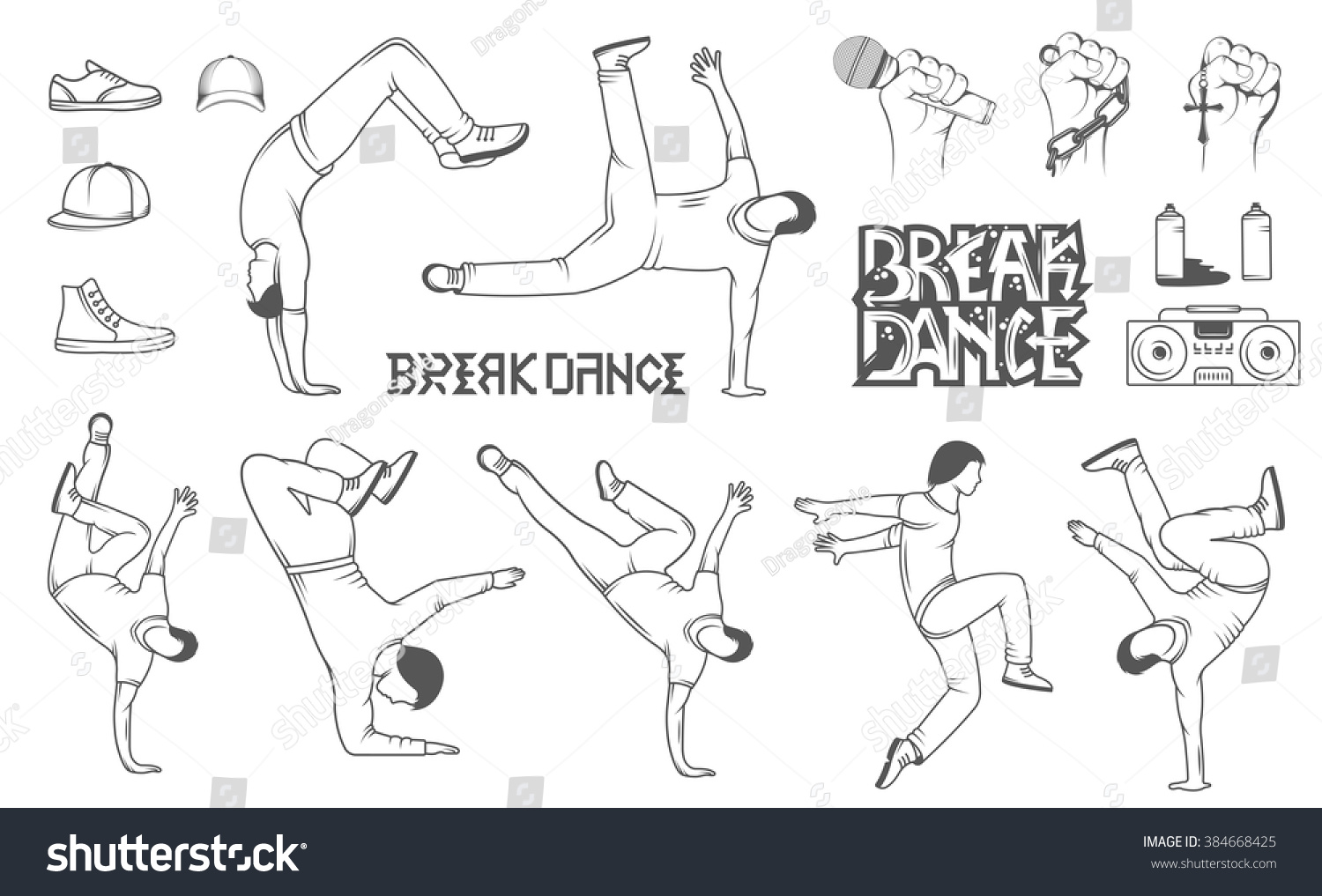 SVG of Break Dance silhouettes man and outfit. Set of Breakdance Bboy Silhouettes in Different Poses. Up, Down, On a Floor, On a Head, Jump, Twist, Rotate. Silhouette of young man dance Hip-hop with graffiti svg