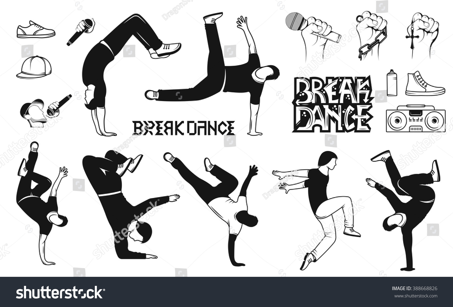 SVG of Break Dance silhouettes man and outfit. Set of Breakdance Bboy Silhouettes in Different Poses. Up, Down, On a Floor, On a Head, Jump, Twist, Rotate.
Silhouette of young man dance Hip-hop with graffiti svg