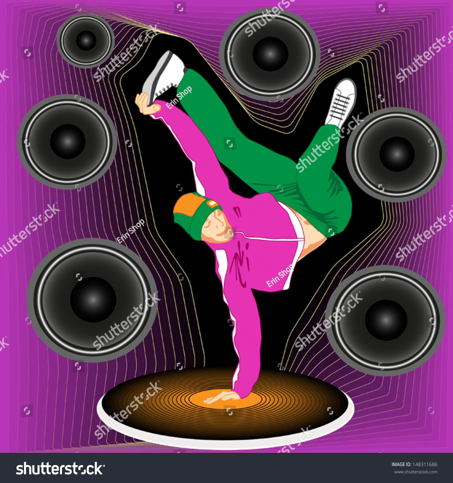 SVG of Break dancer during battle or party on abstract background with vinyl player and loudspeakers svg