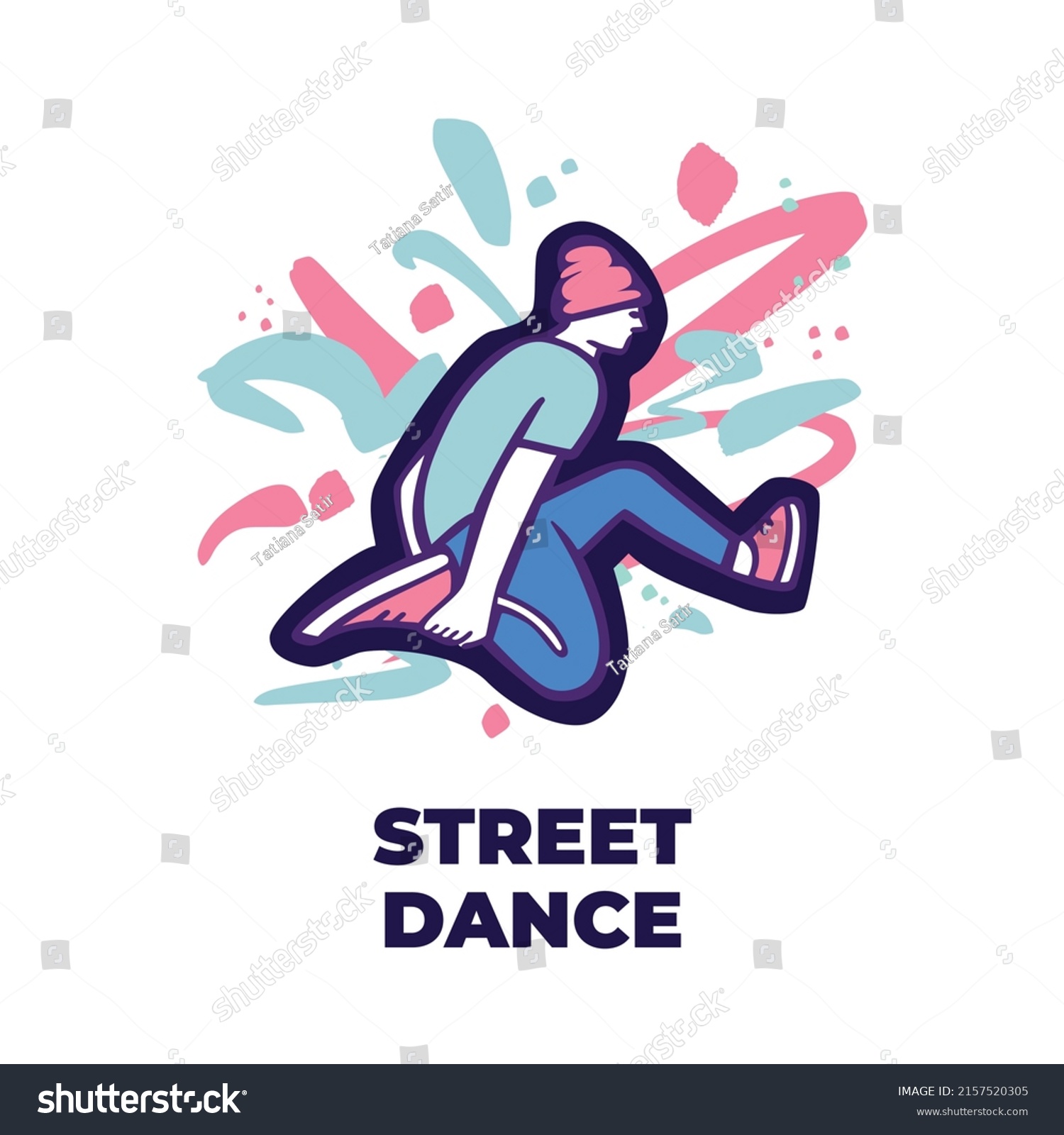SVG of Break dancer performing stunts. B-boy jumping postcard. Street dance move. Bright colourful character on the color splash background. Funky style vector design illustrations. svg