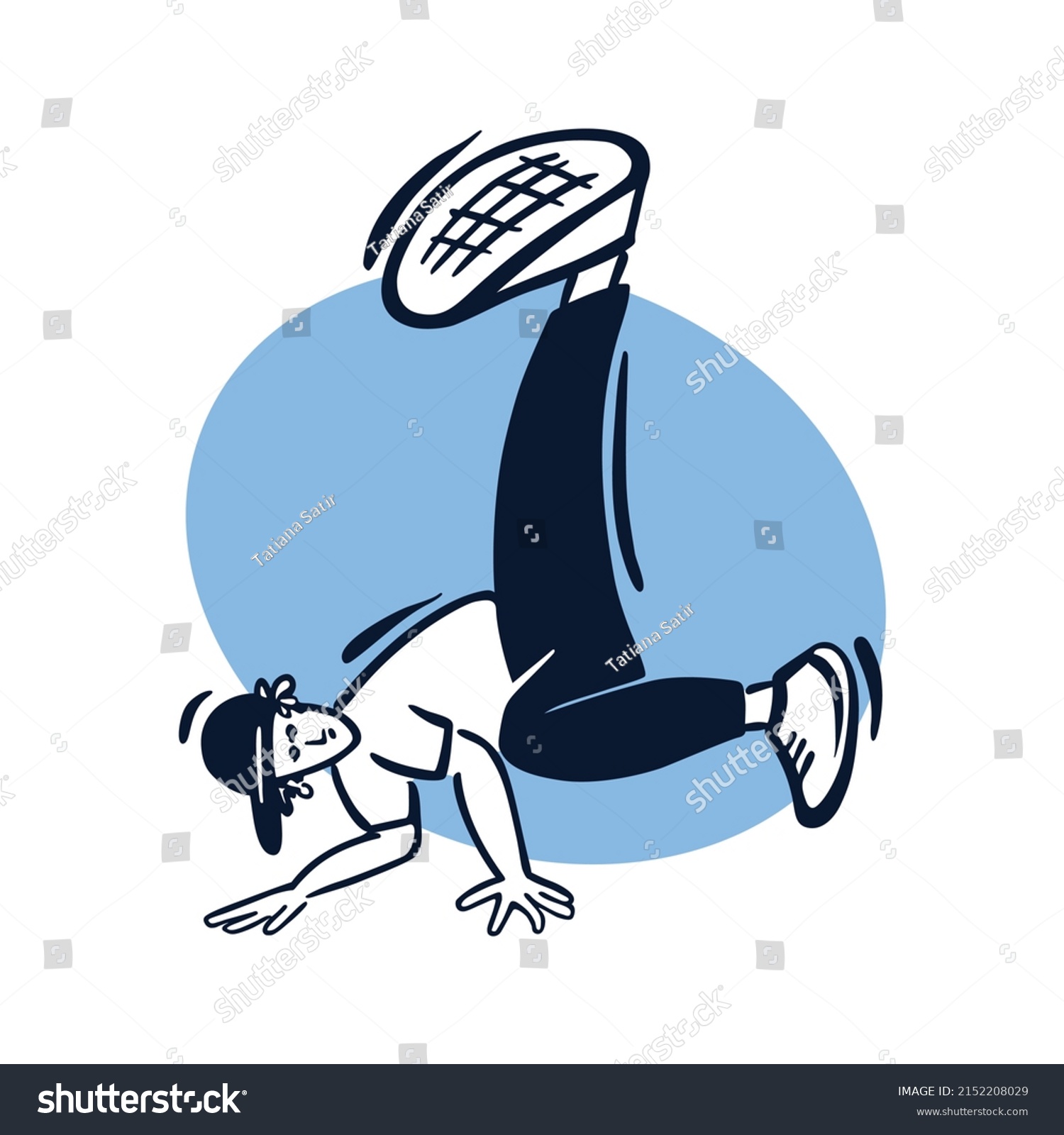 SVG of Break dancer performing stunts. B-boy jumping. Street dance boomerang move. Black and white character on blue circle background. Sketch style vector design illustrations. svg