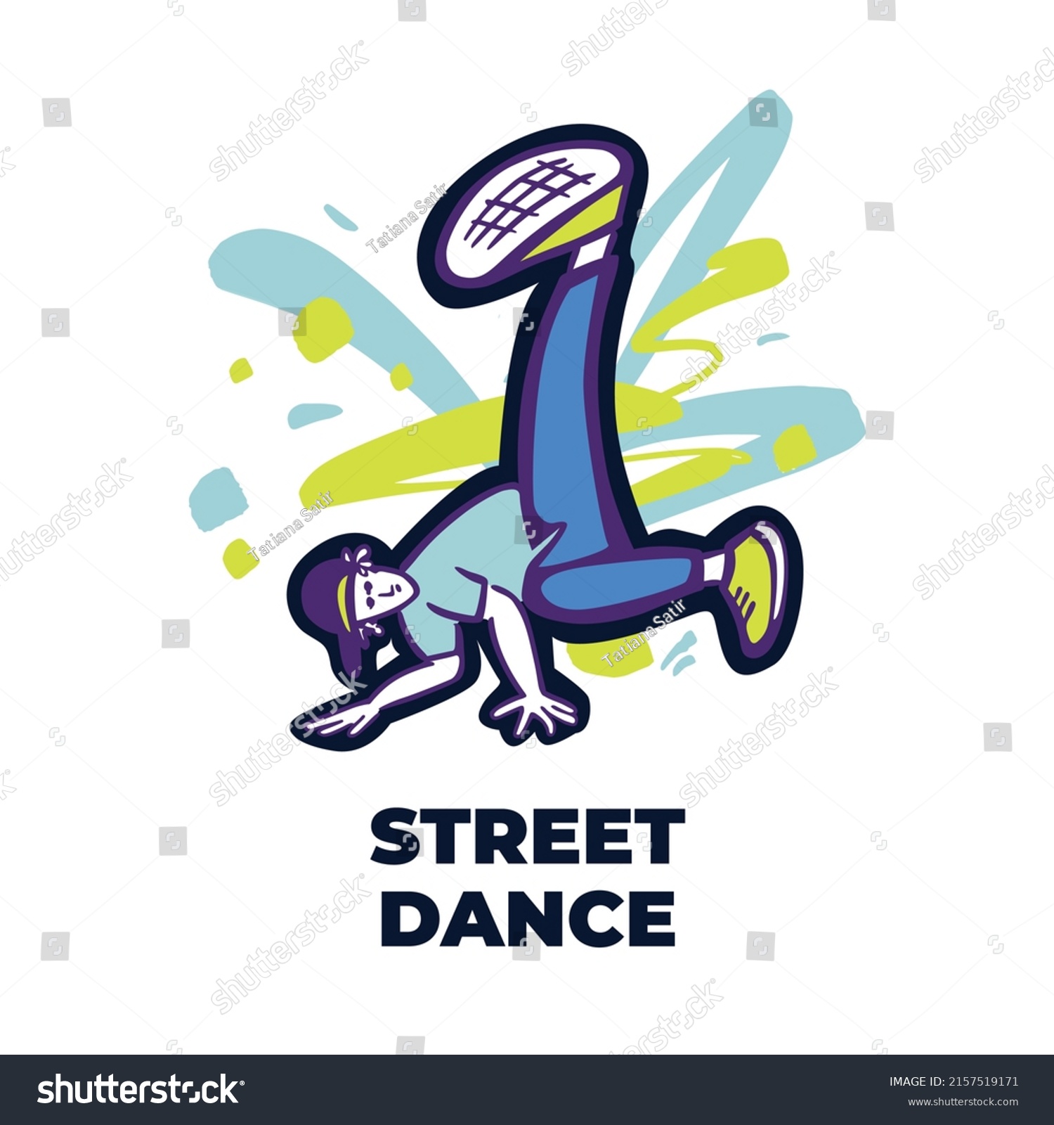 SVG of Break dancer performing stunts. B-boy jumping. Street dance boomerang move. Bright colourful character on the color splash background. Funky style vector design illustrations. svg