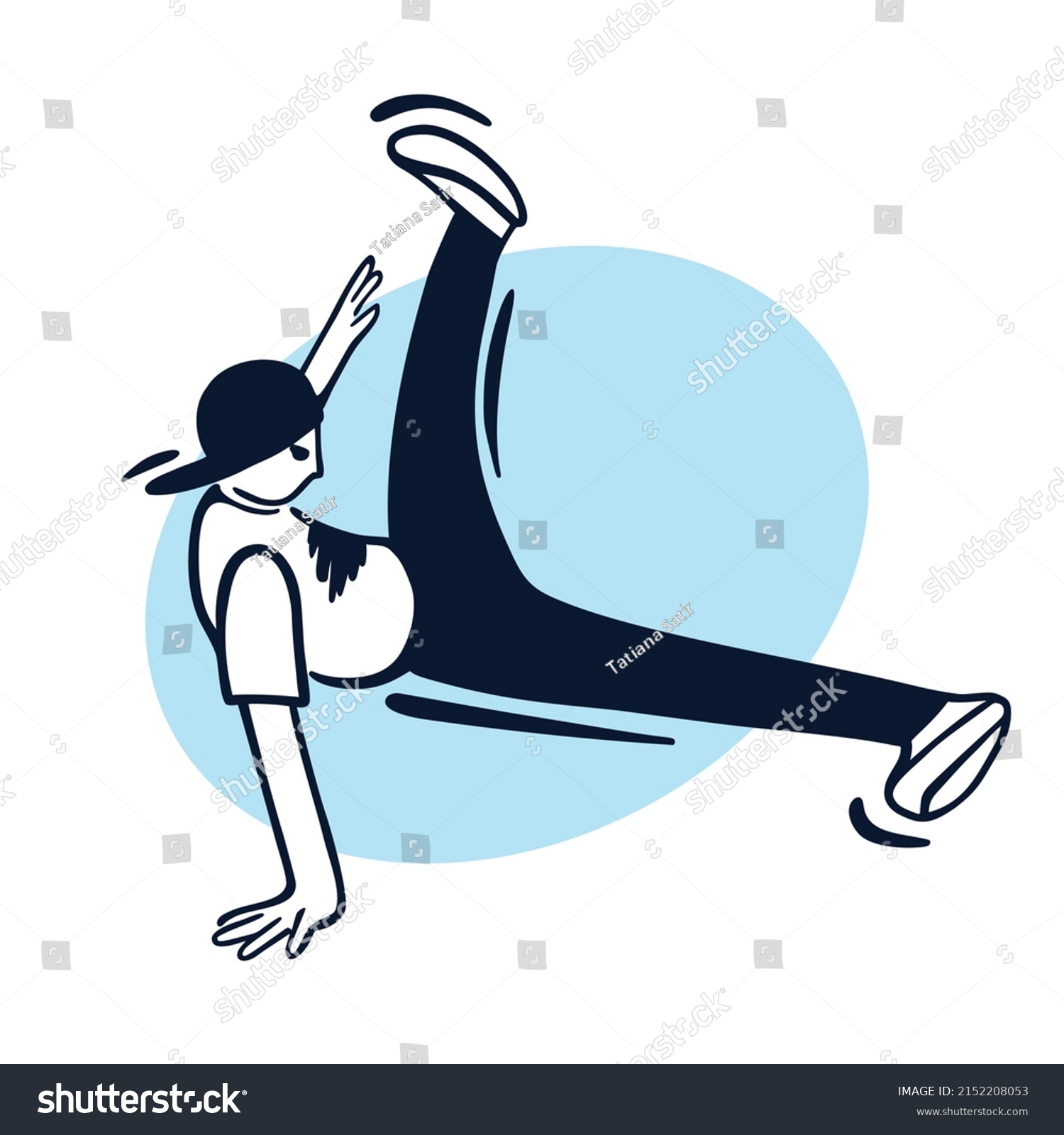 SVG of Break dancer performing stunts. B-boy jumping. Street dance flare move. Black and white character on light blue circle background. Sketch style vector design illustrations. svg