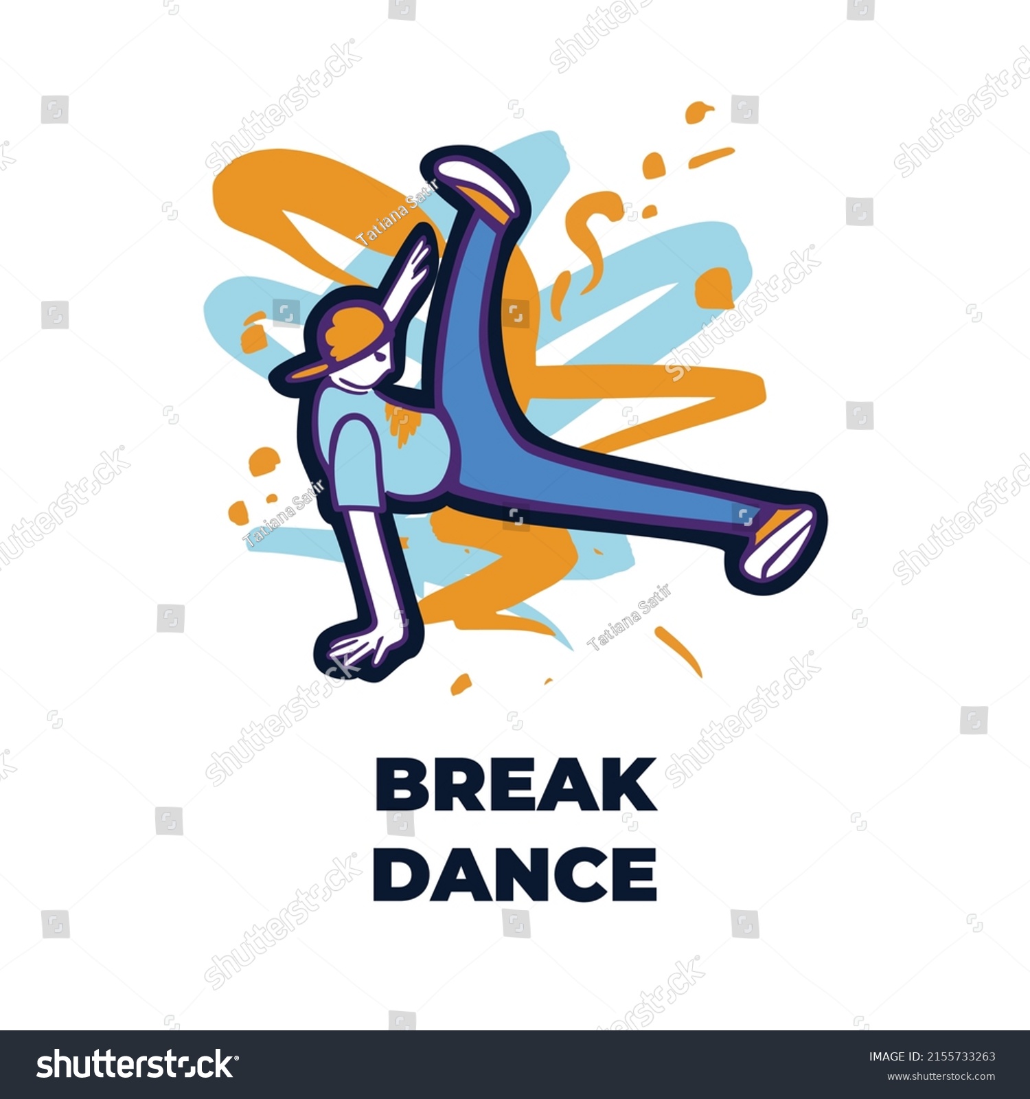 SVG of Break dancer performing stunts. B-boy jumping. Street dance flare move. Bright colorful character on the color splash background. Funky style vector design illustrations. svg