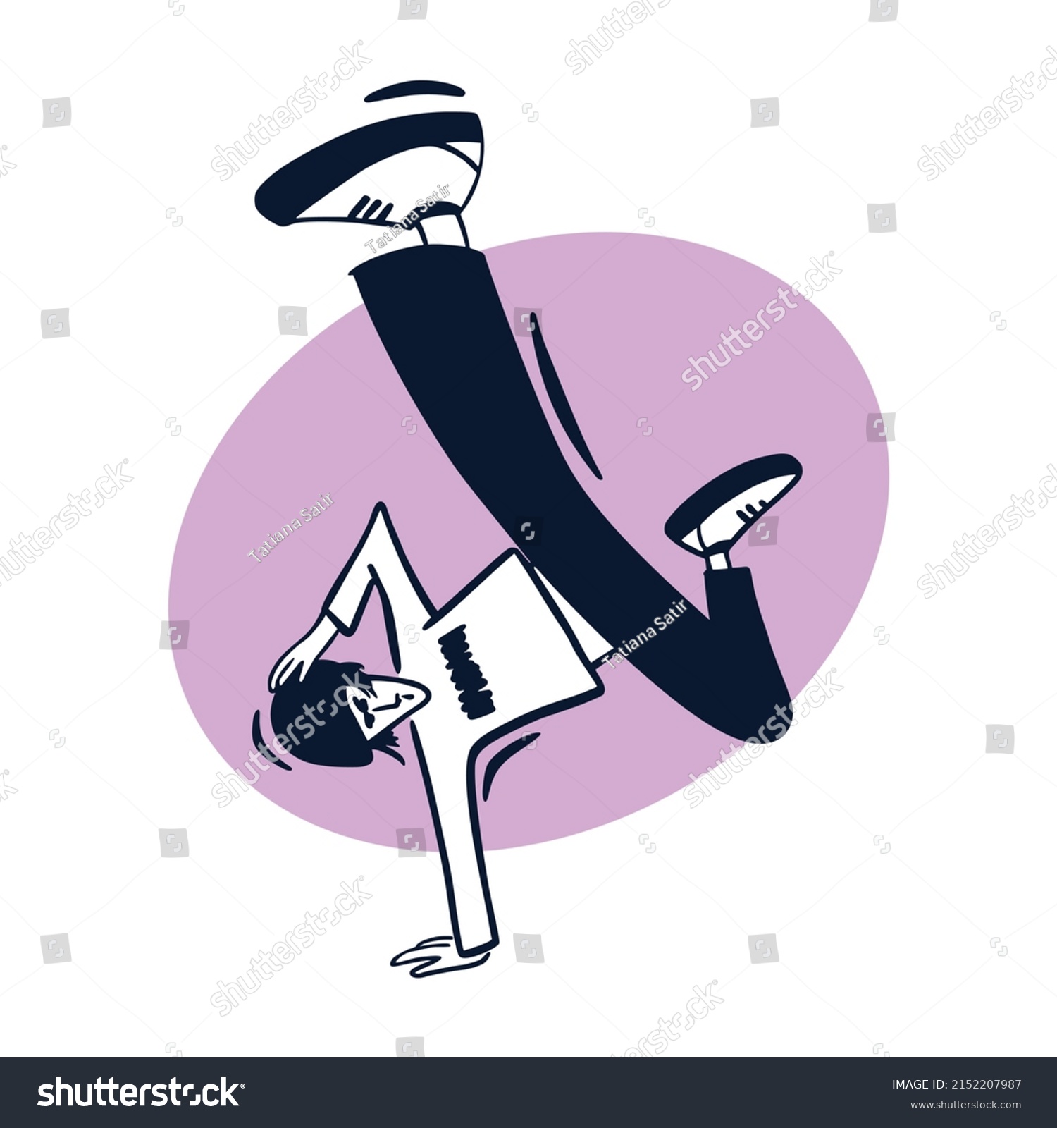 SVG of Break dancer performing stunts. B-boy jumping. Street dance handstand move. Black and white character on violet circle background. Sketch style vector design illustrations. svg