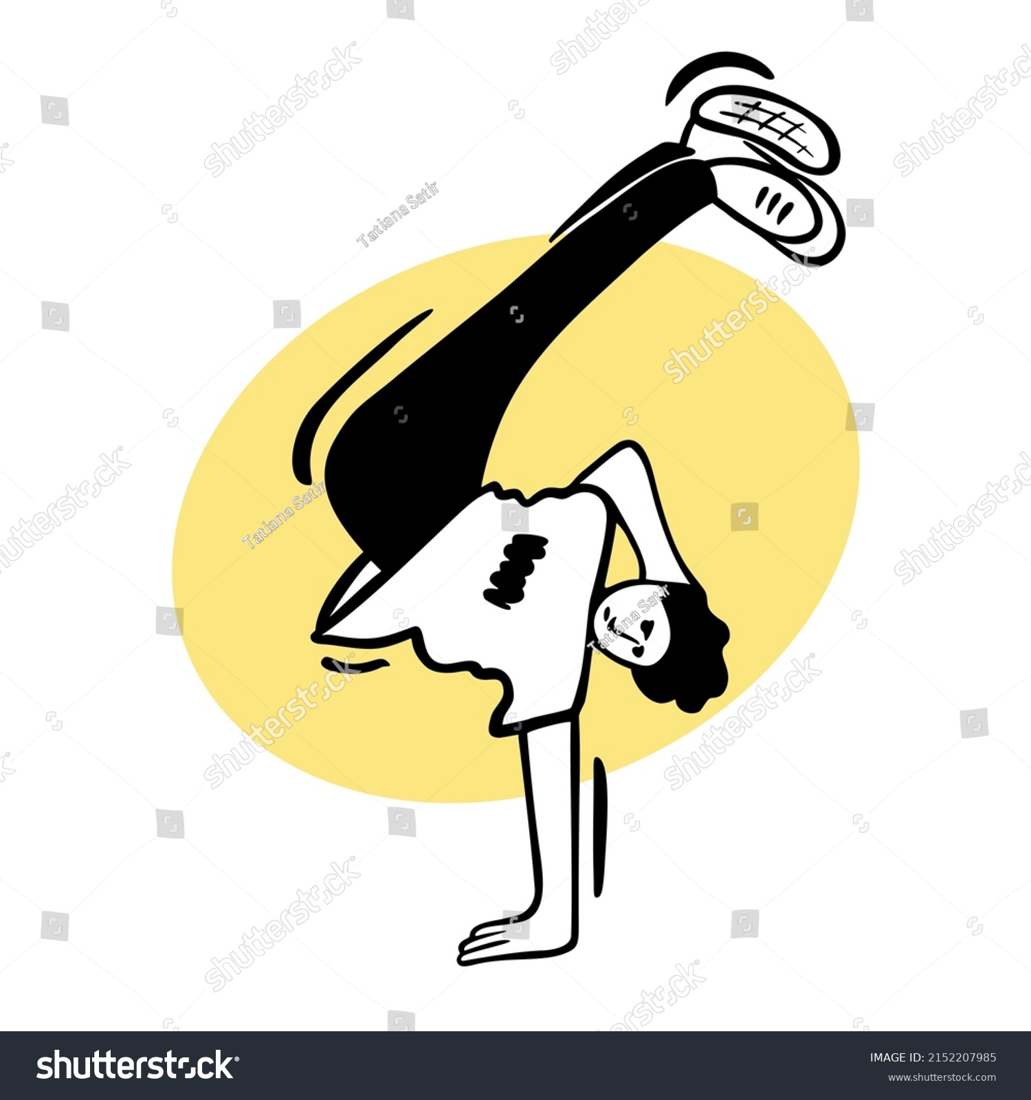 SVG of Break dancer performing stunts. B-boy jumping. Street dance kick move. Black and white character on yellow circle background. Sketch style vector design illustrations. svg