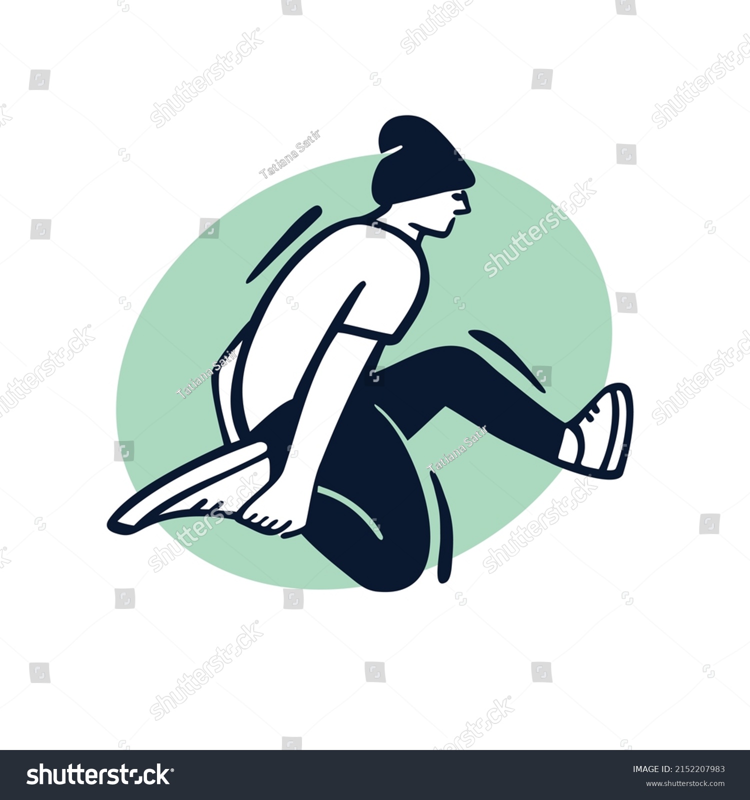 SVG of Break dancer performing stunts. B-boy jumping. Street dance move. Black and white character on green circle background. Sketch style vector design illustrations. svg