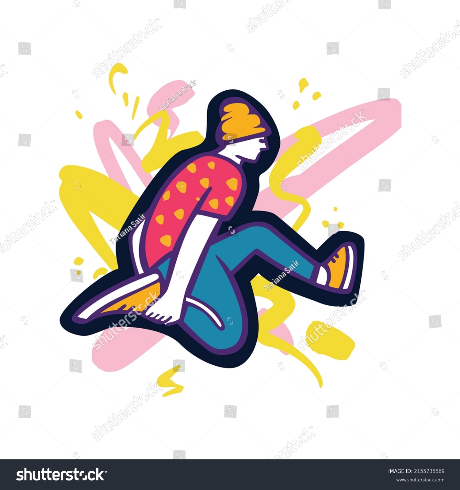 SVG of Break dancer performing stunts. B-boy jumping. Street dance move. Bright colourful character on the color splash background. Funky style vector design illustrations. svg