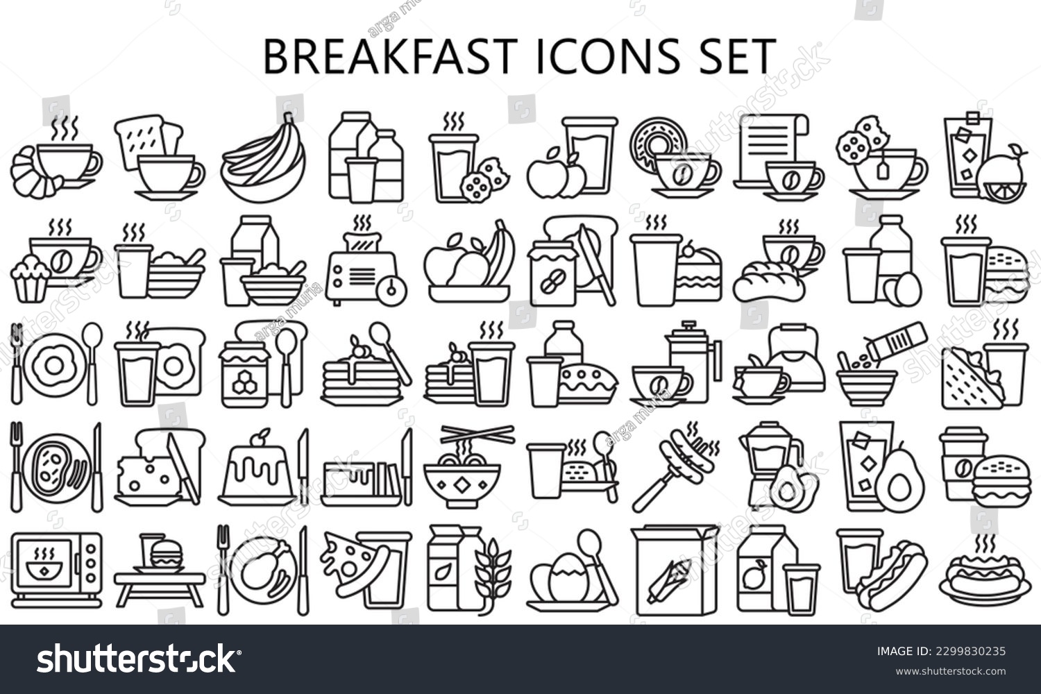SVG of Breakfast black outline icons set, contain bread, milk, cake, tea, juice, croissant, glass, coffee and more. use for modern concept, UI or UX kit, web and app. vector EPS 10 ready convert to SVG. svg