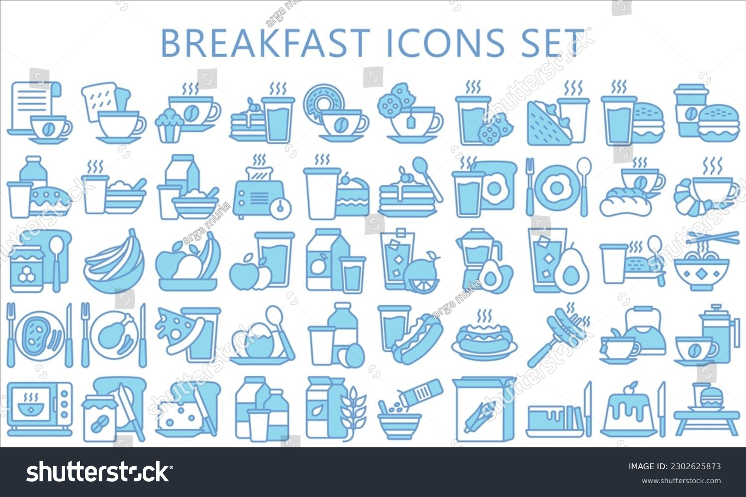 SVG of Breakfast blue color icons set, contain bread, milk, cake, tea, juice, croissant, glass, coffee and more. use for modern concept, UI or UX kit, web and app. vector EPS 10 ready convert to SVG. svg
