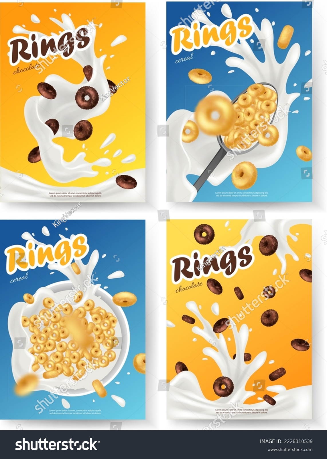 SVG of Breakfast cereal realistic poster set with rings isolated. Concept of healthy breakfast. 3d ring cereals or cheerios ad template. svg