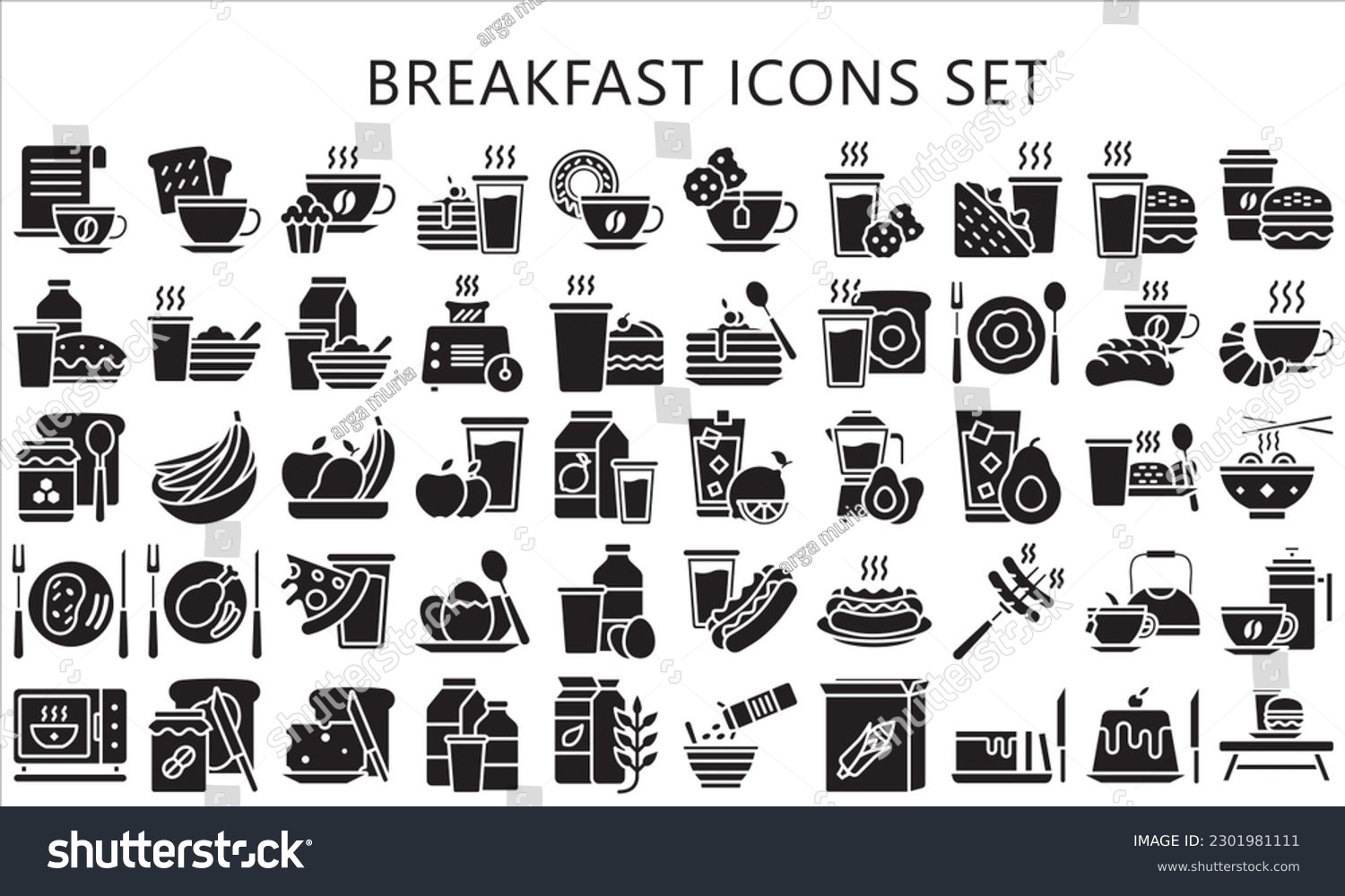SVG of Breakfast glyph icons set, contain bread, milk, cake, tea, juice, croissant, glass, coffee and more. use for modern concept, UI or UX kit, web and app. vector EPS 10 ready convert to SVG. svg
