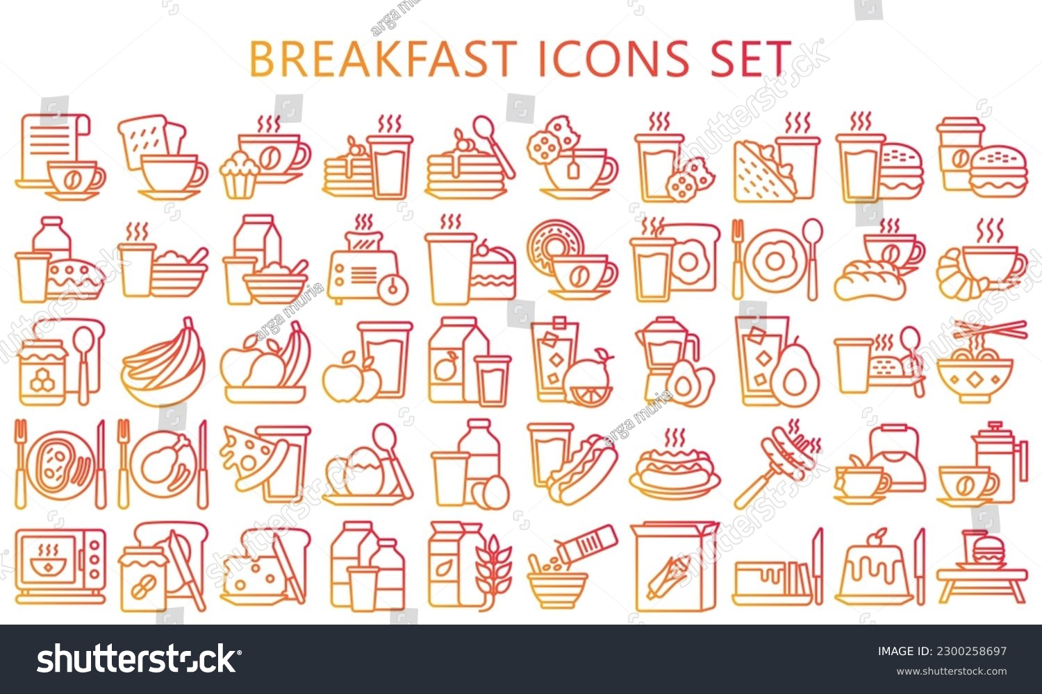 SVG of Breakfast gradient outline icons set, contain bread, milk, cake, tea, juice, croissant, glass, coffee and more. use for modern concept, UI or UX kit, web and app. vector EPS 10 ready convert to SVG. svg