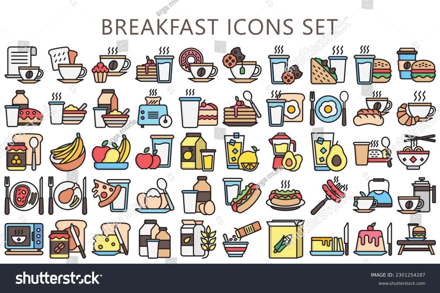 SVG of Breakfast lineal multi color icons set, contain bread, milk, cake, tea, juice, croissant, glass, coffee and more. use for modern concept, UI or UX kit, web and app. vector EPS 10 ready convert to SVG. svg
