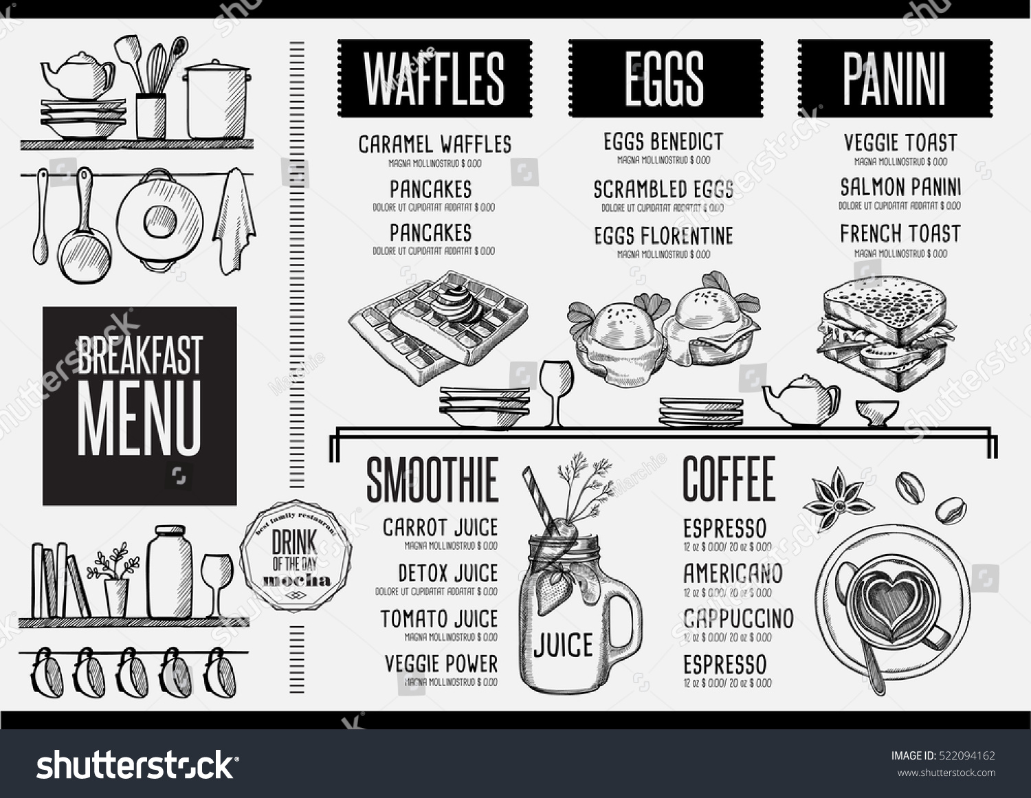 Breakfast Menu Placemat Food Restaurant Brochure Stock Vector 522094162 Shutterstock Placemat Menu Templates