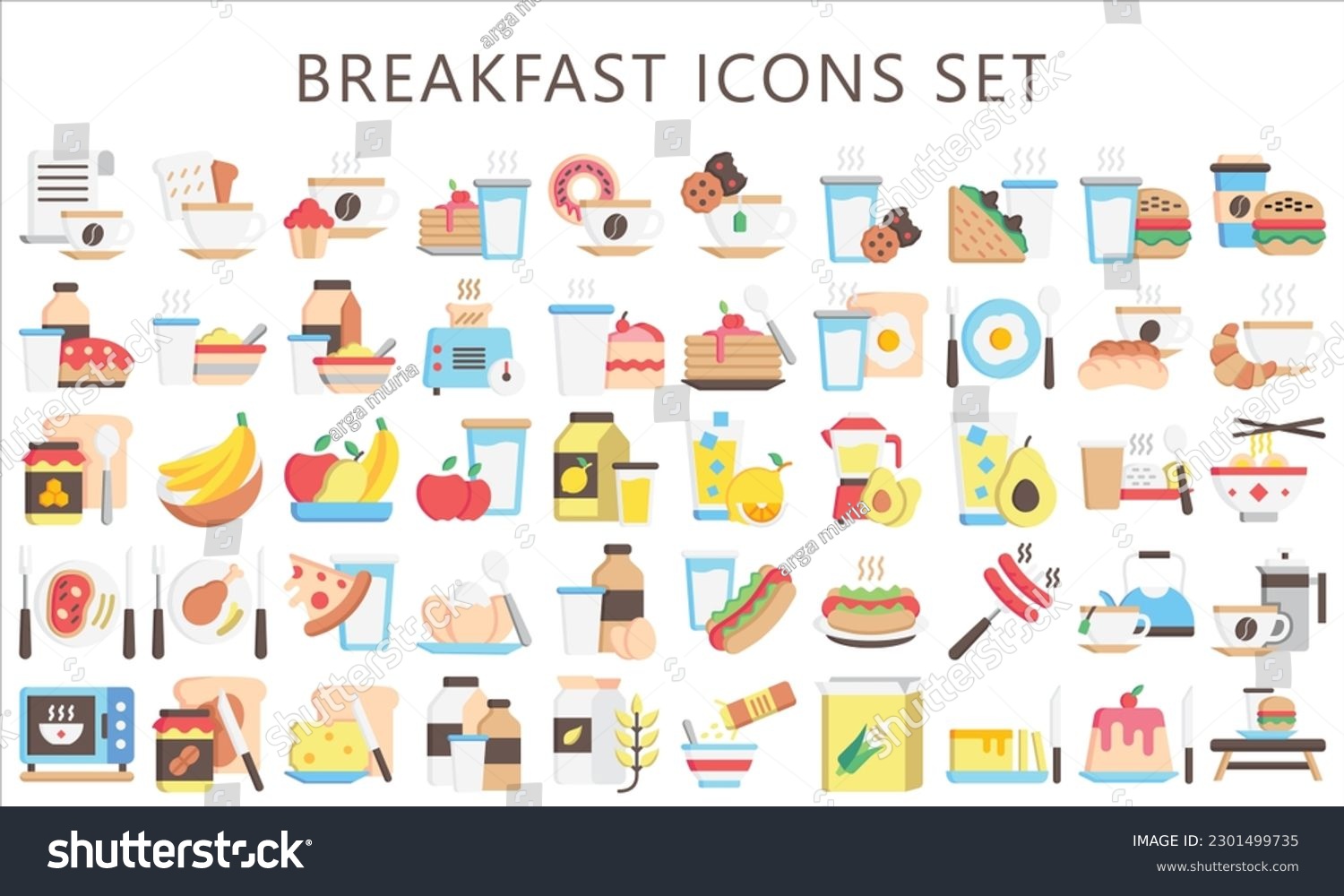 SVG of Breakfast multi color icons set, contain bread, milk, cake, tea, juice, croissant, glass, coffee and more. use for modern concept, UI or UX kit, web and app. vector EPS 10 ready convert to SVG. svg