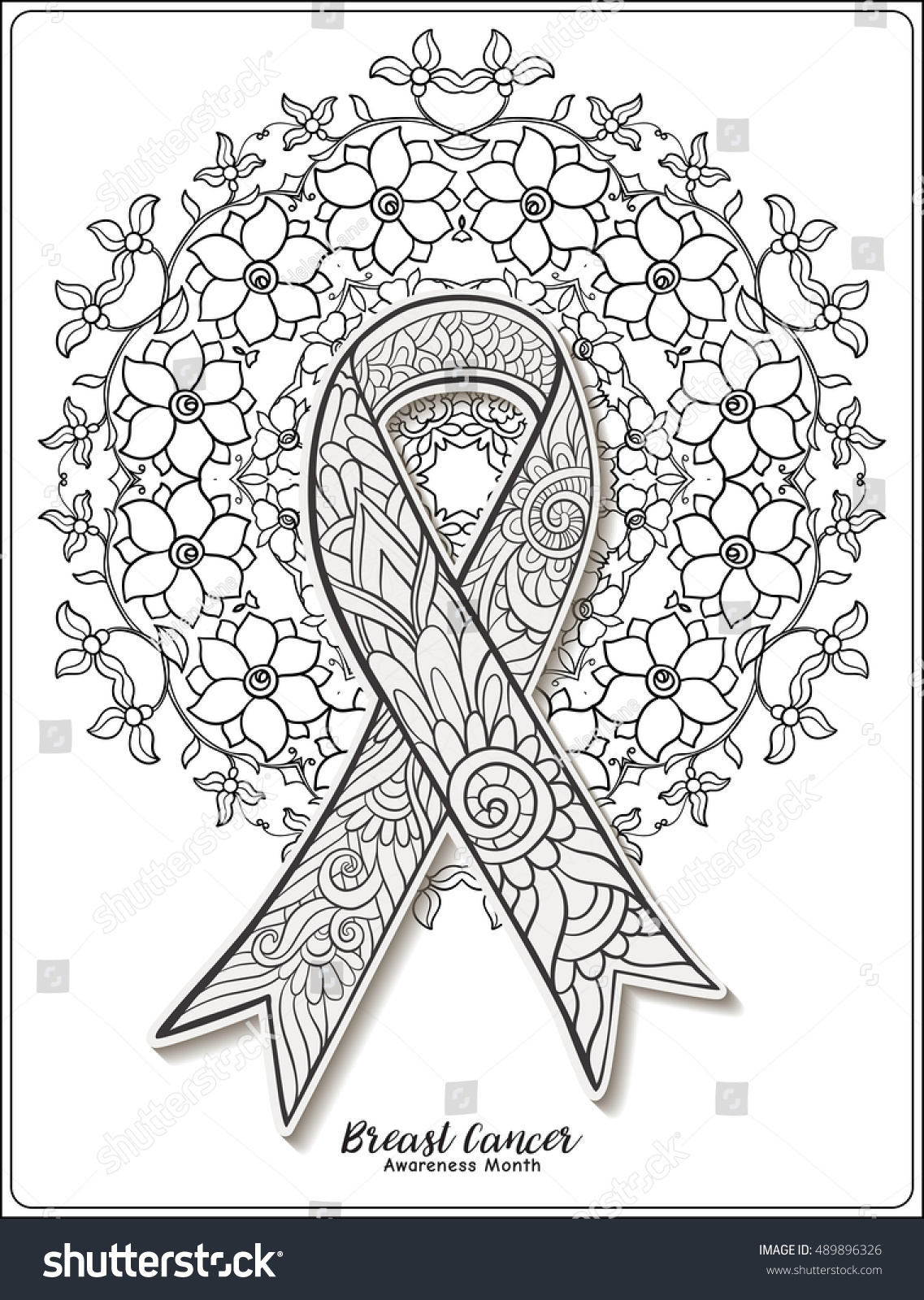 Breast cancer awareness month decorative pink ribbon on decorative mandala background Anti stress coloring book