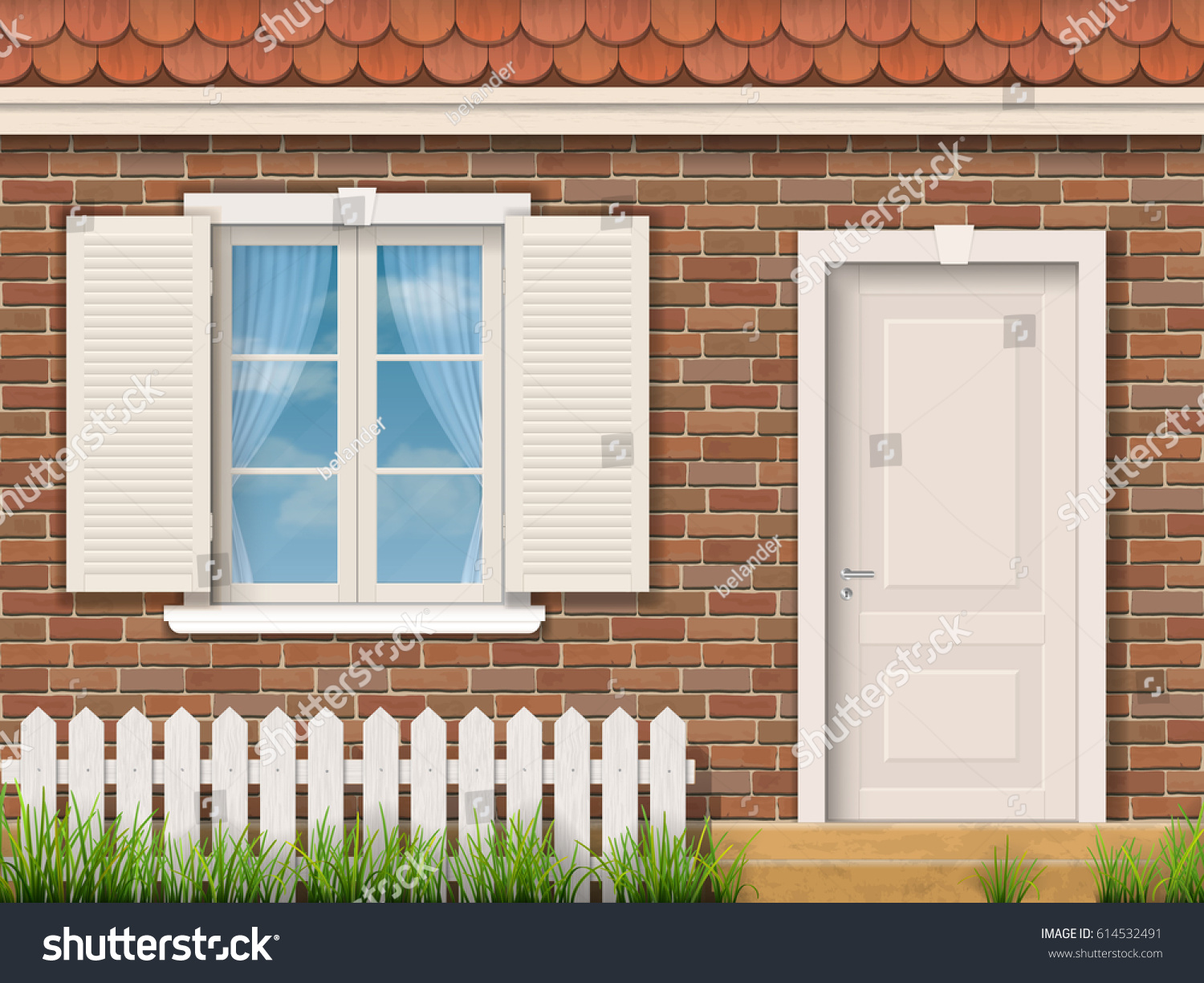 SVG of Brick facade of the old building with a white window and a door. Red tile roof. Front garden near entrance of the house. Vector detailed illustration. svg