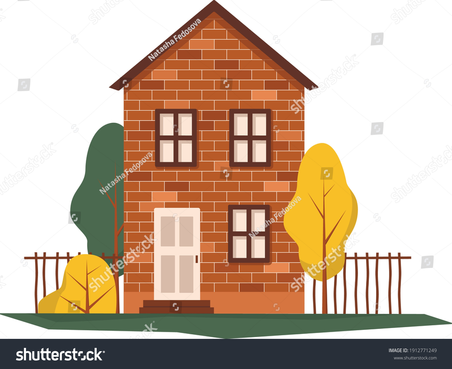 SVG of Brick house vector with trees and fence svg