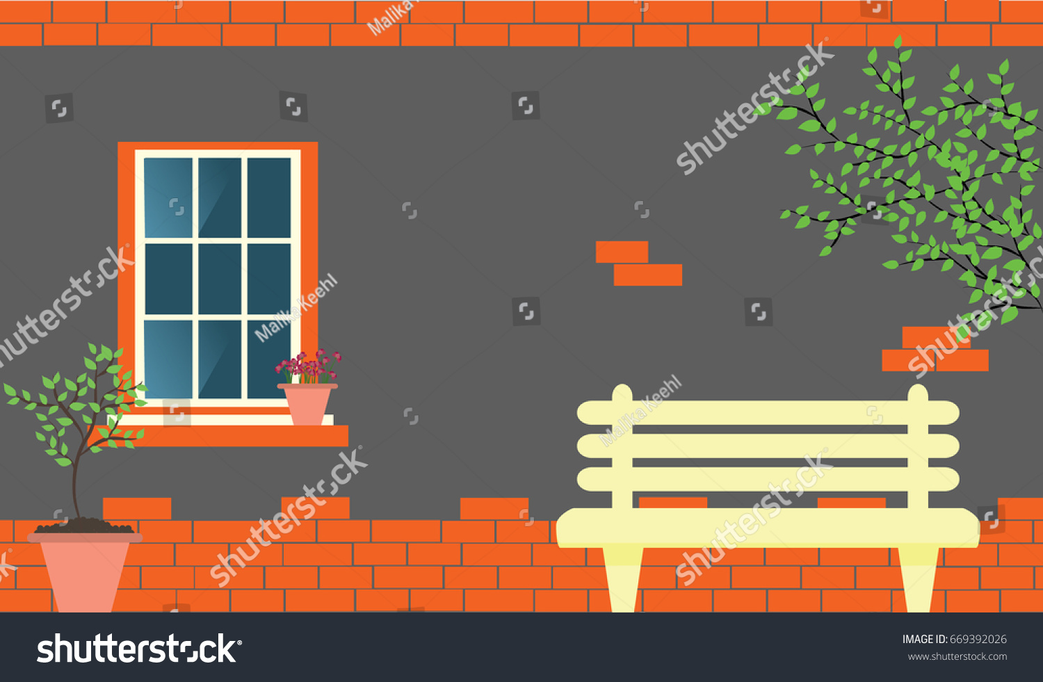 Brick Wall Window Tree Green Branches Stock Vector Royalty