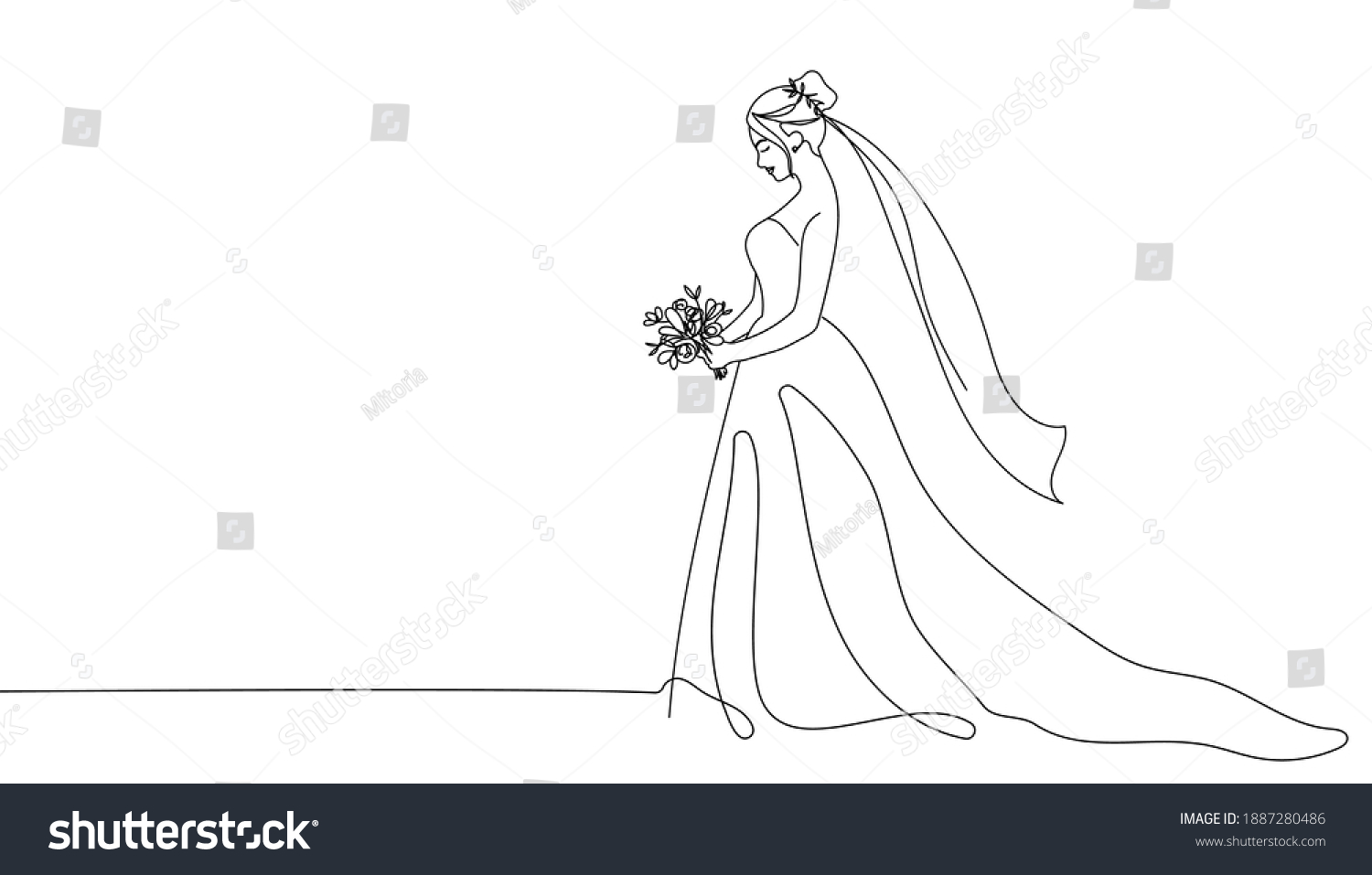 SVG of Bride holding a bouquet continuous line drawing.One line bride silhouette side view wearing a wedding dress.Continuous line hand drawn vector illustration for wedding,bridal shower invitation svg