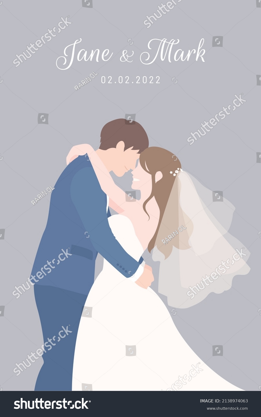 SVG of Bride in white dress and Groom in navy blue suit holding each other for their wedding ceremony invitation card vector couple characters on gray background. svg