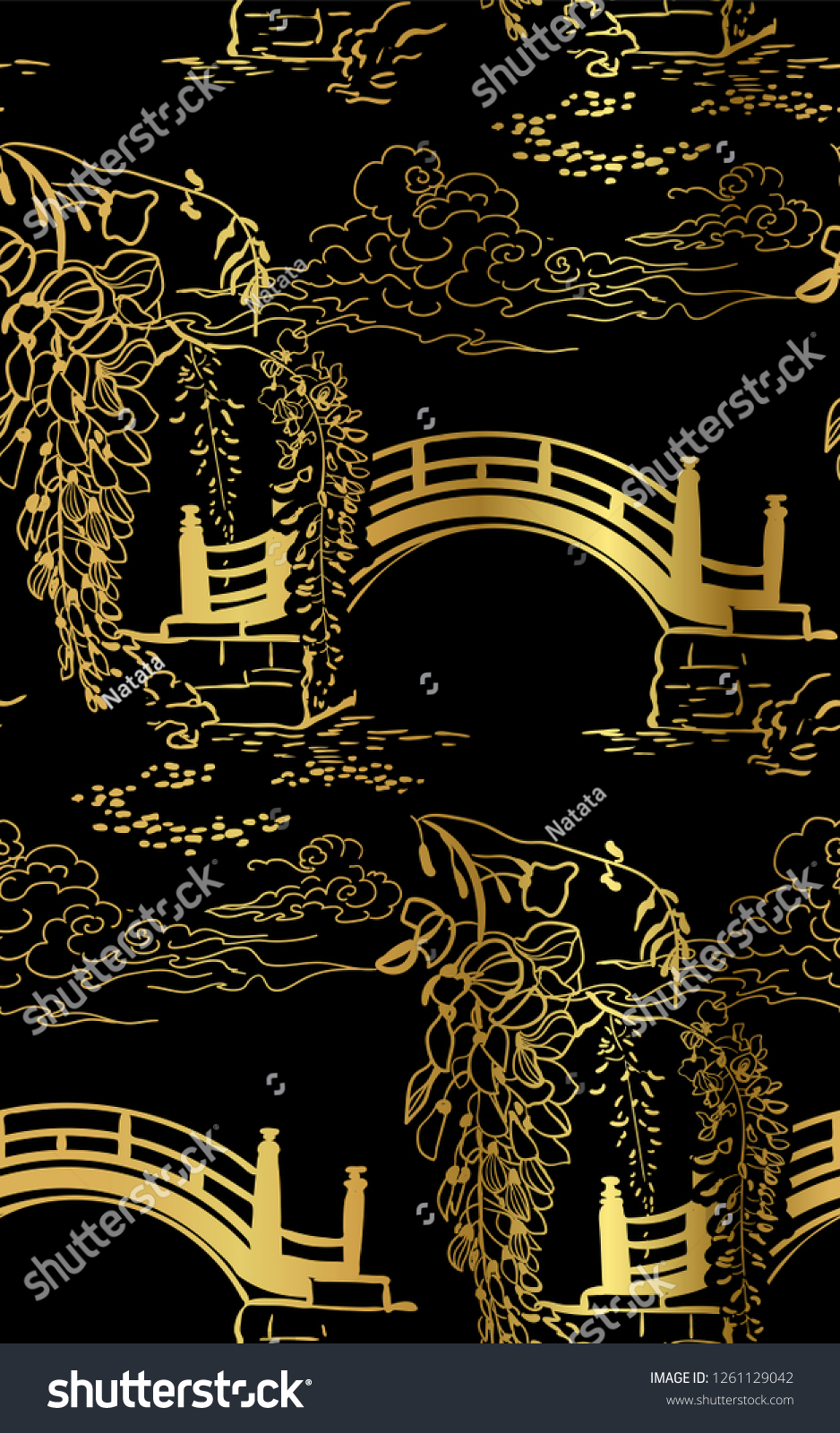 SVG of bridge pond river wisteria nature landscape view vector sketch illustration japanese chinese oriental line art ink seamless pattern svg