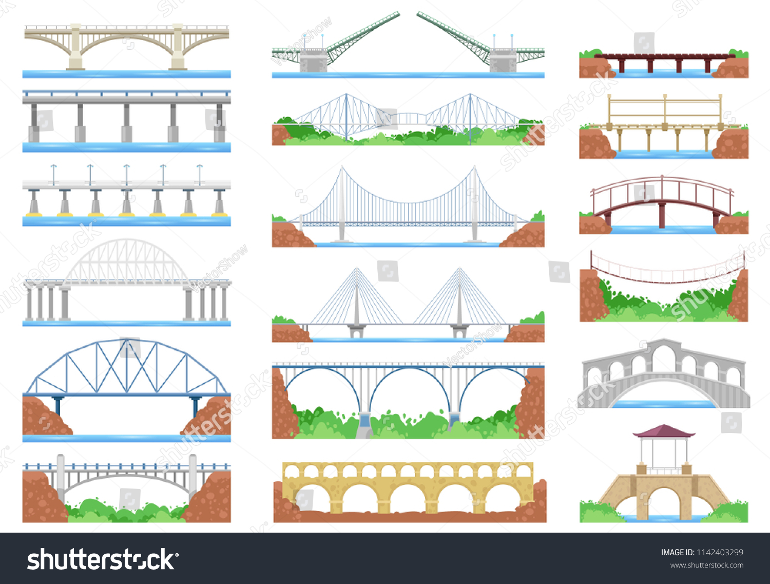 SVG of Bridge vector urban crossover architecture and bridge-construction for transportation illustration bridged set of river bridge-building with carriageway isolated on white background svg