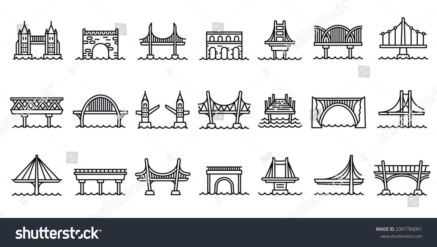 SVG of Bridges icons set. Outline set of bridges vector icons for web design isolated on white background svg