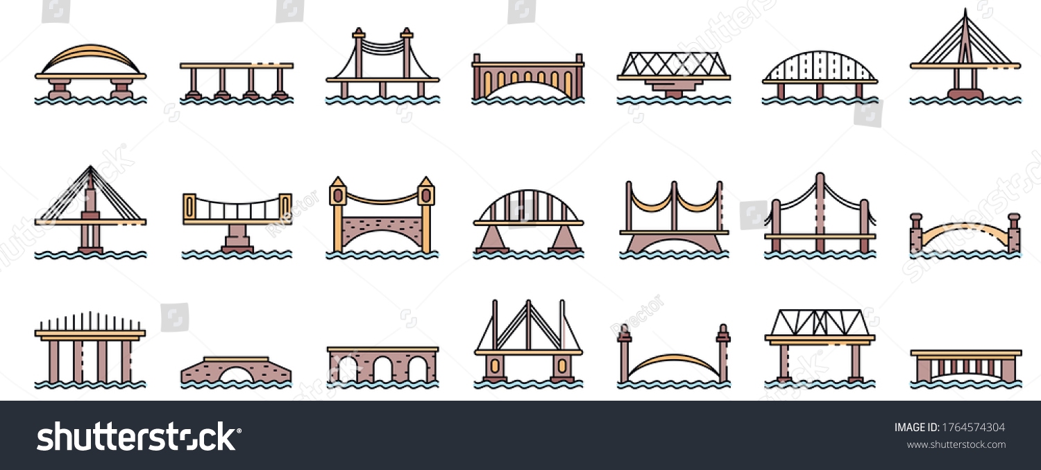 SVG of Bridges icons set. Outline set of bridges vector icons thin line color flat isolated on white svg