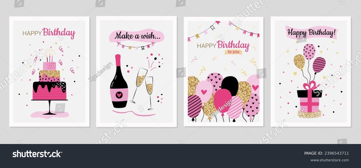 SVG of Bright birthday decorations big set. Happy Birthday cute cards collection in simple style. Cards with cake, balloons, gift, champagne. svg