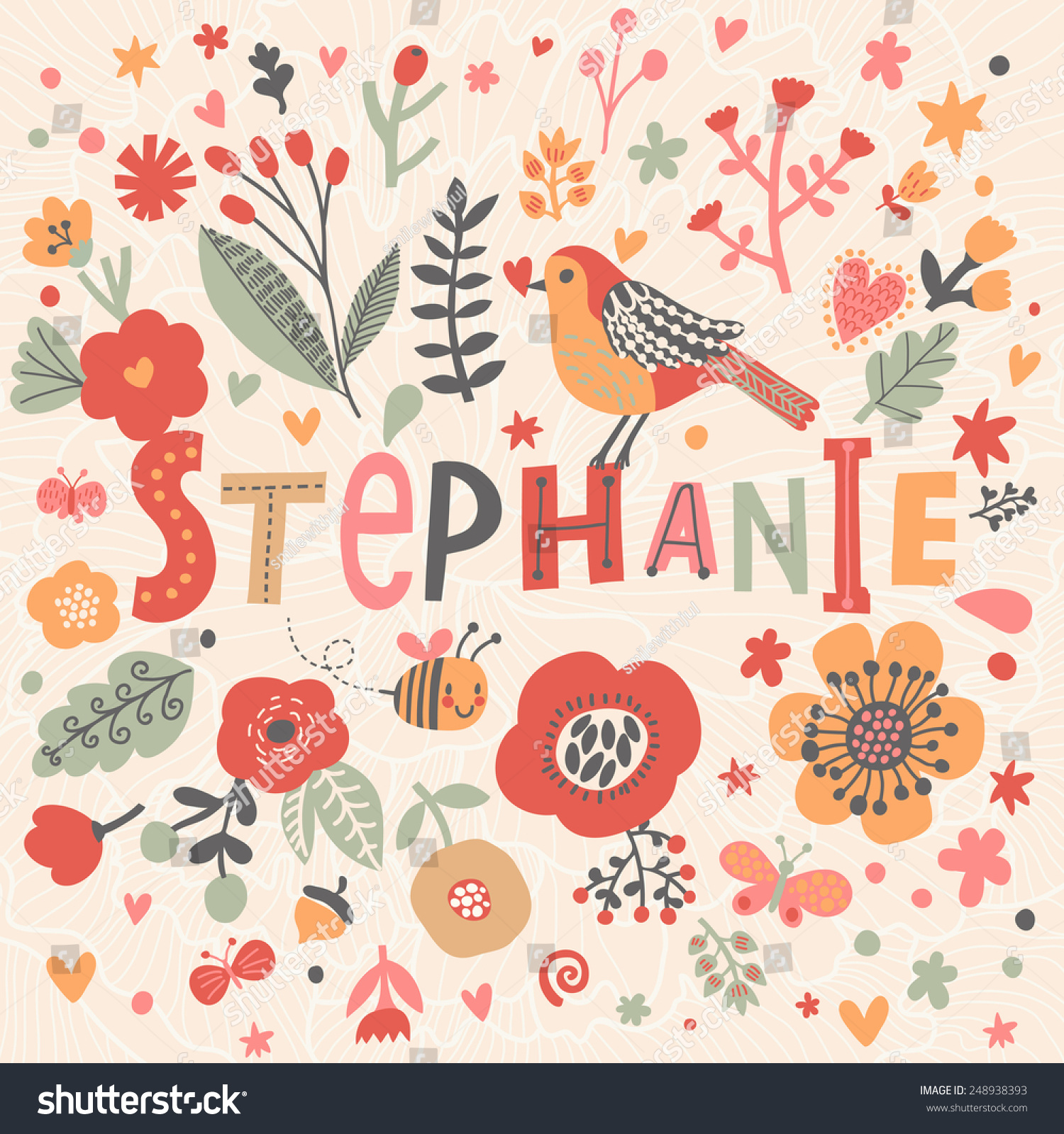 Bright Card Beautiful Name Stephanie Poppy Stock Vector 248938393