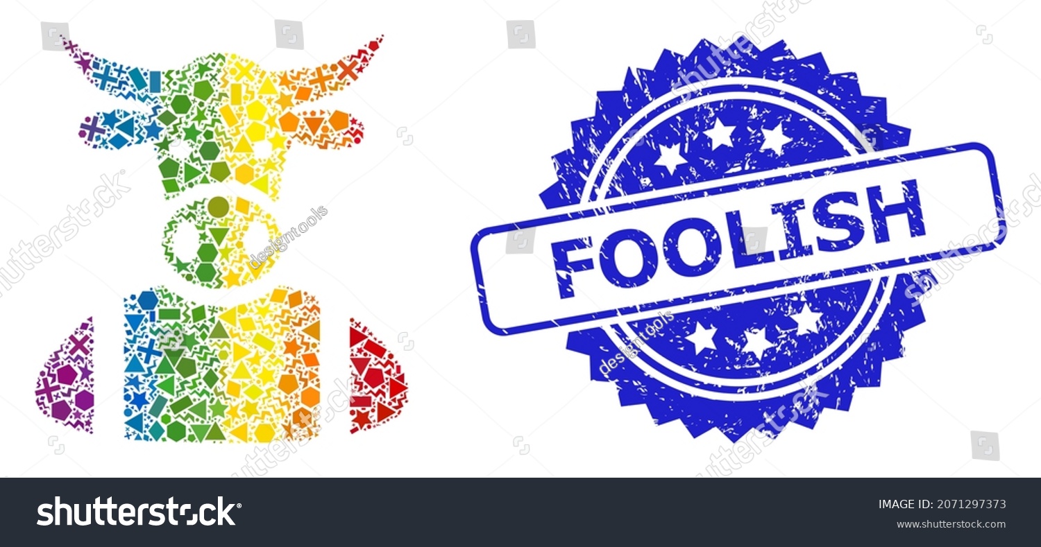 SVG of Bright colored vector cow boy collage for LGBT, and Foolish unclean rosette stamp seal. Blue stamp seal has Foolish title inside rosette. svg