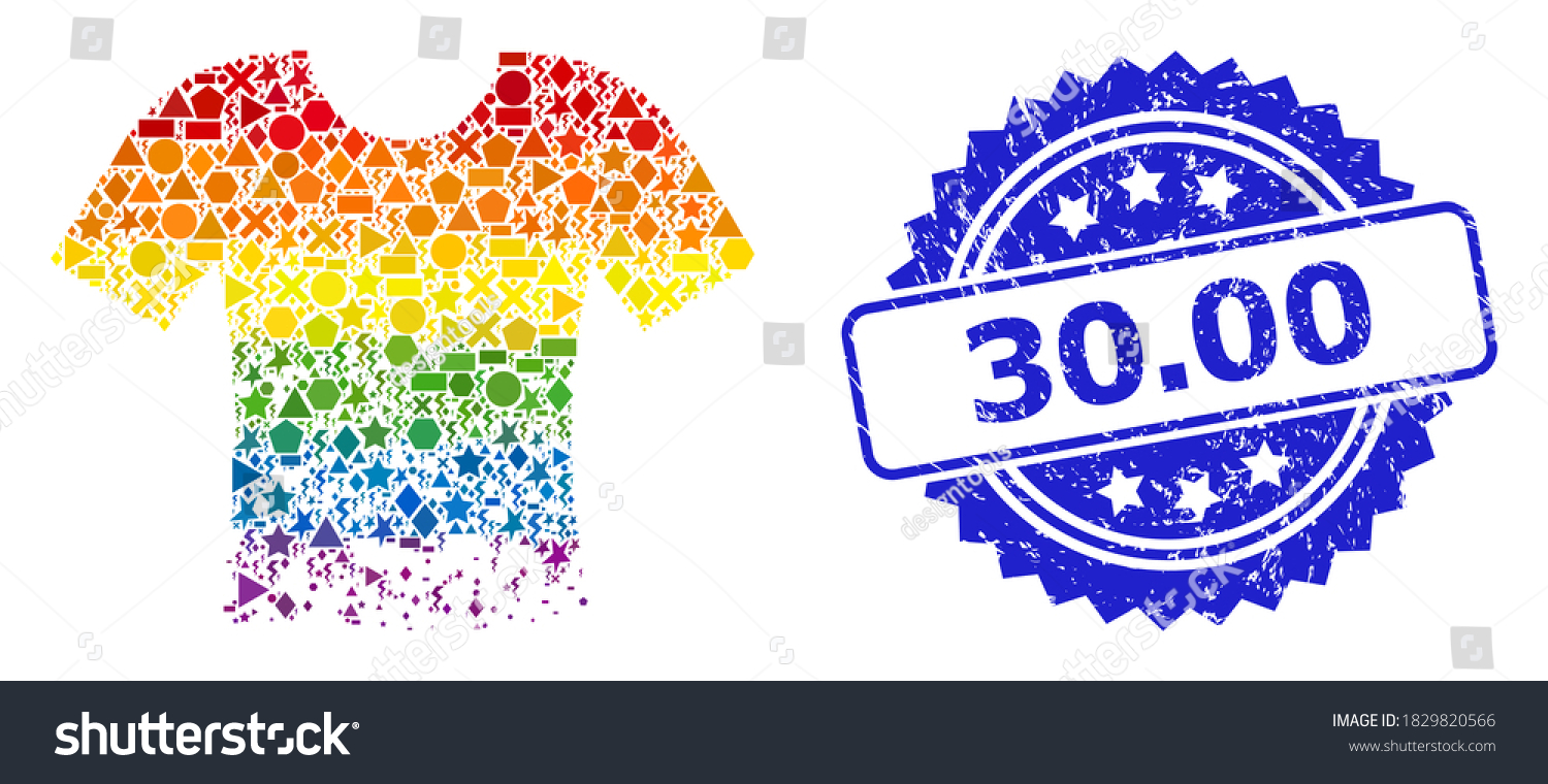 SVG of Bright colored vector ragged t-shirt mosaic for LGBT, and 30.00 dirty rosette stamp. Blue stamp seal contains 30.00 tag inside rosette. svg