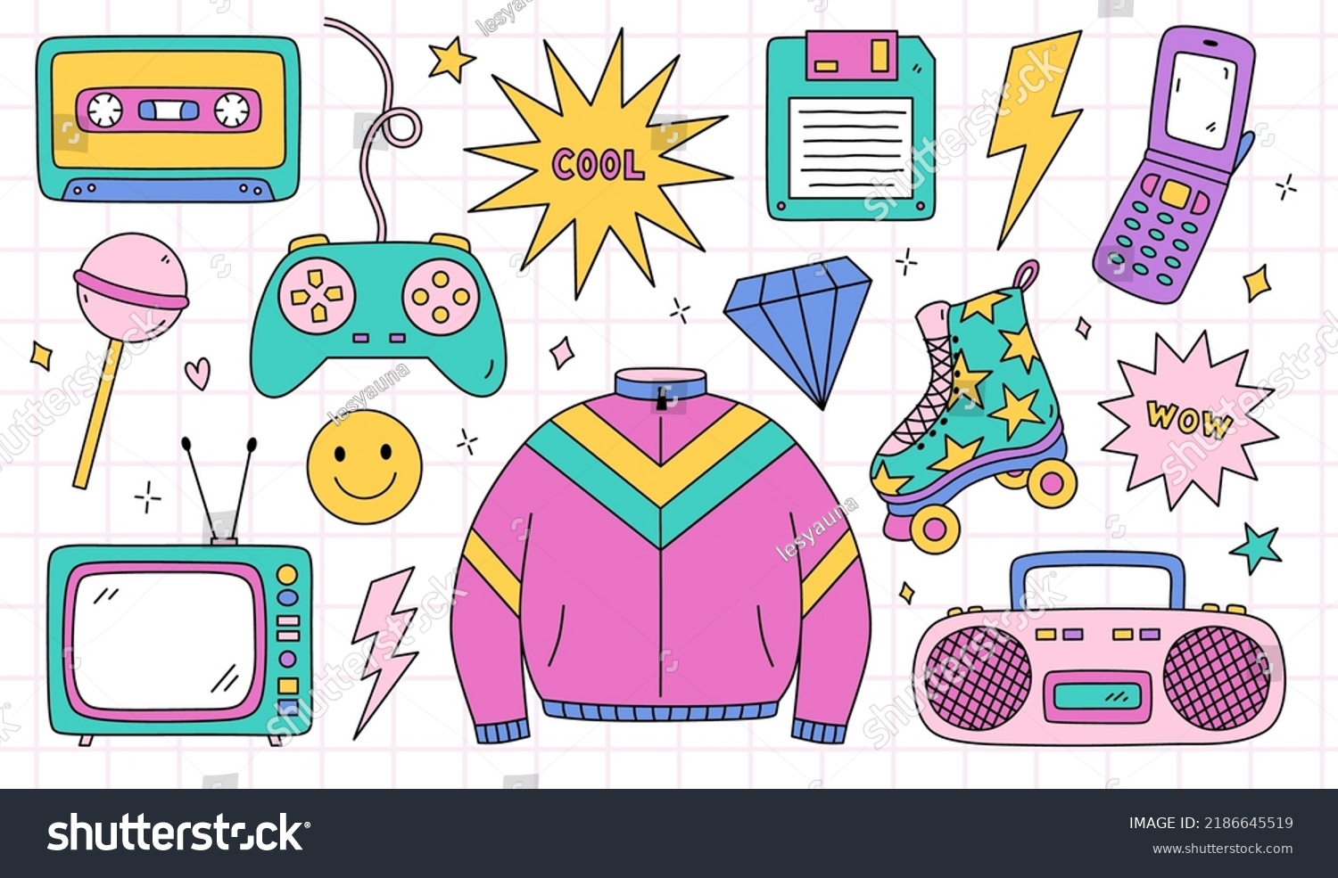 SVG of Bright doodle set of items from the nineties - retro cassette tape, sports jacket, tape recorder, roller skate, TV, joystick, floppy disk, cool and wow stickers, lightnings. Nostalgia for the 1990s. svg