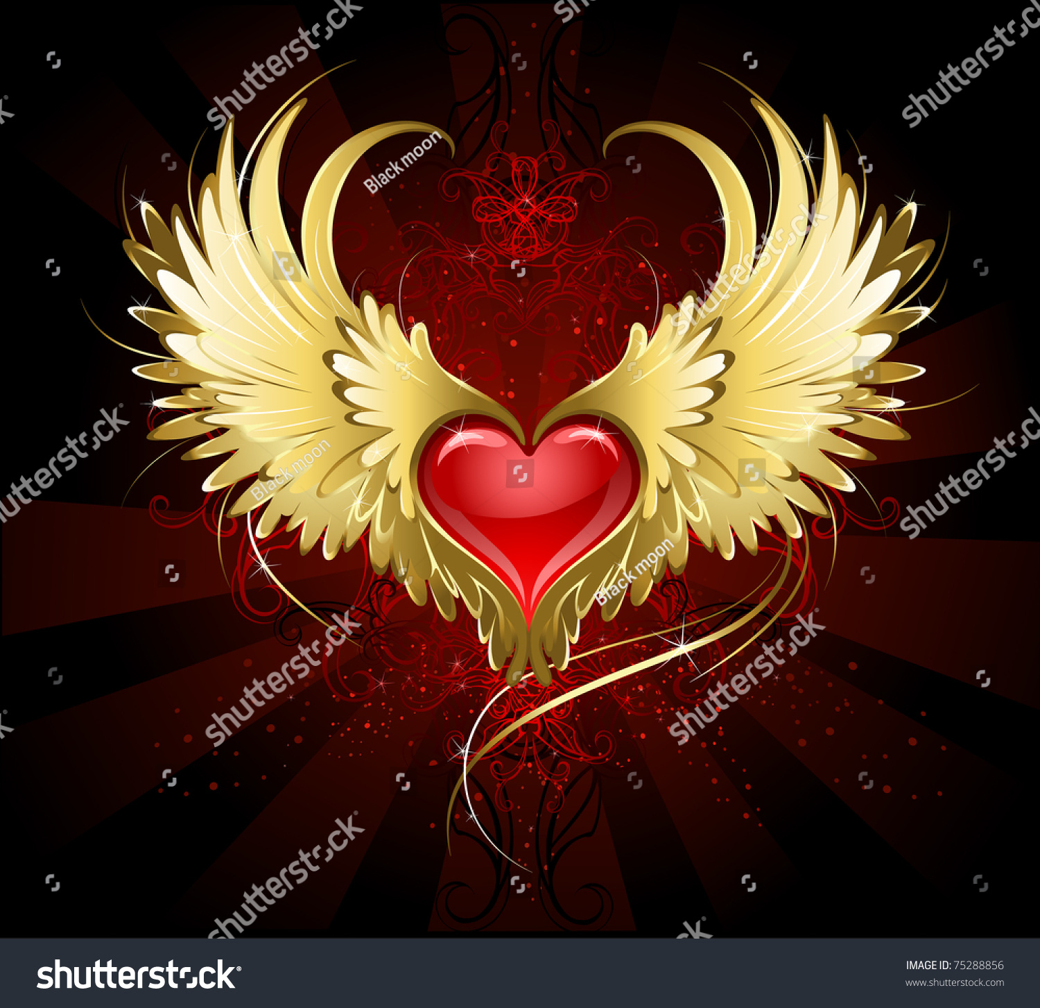 Bright Red Heart Angel Golden Wings Stock Vector Royalty Free