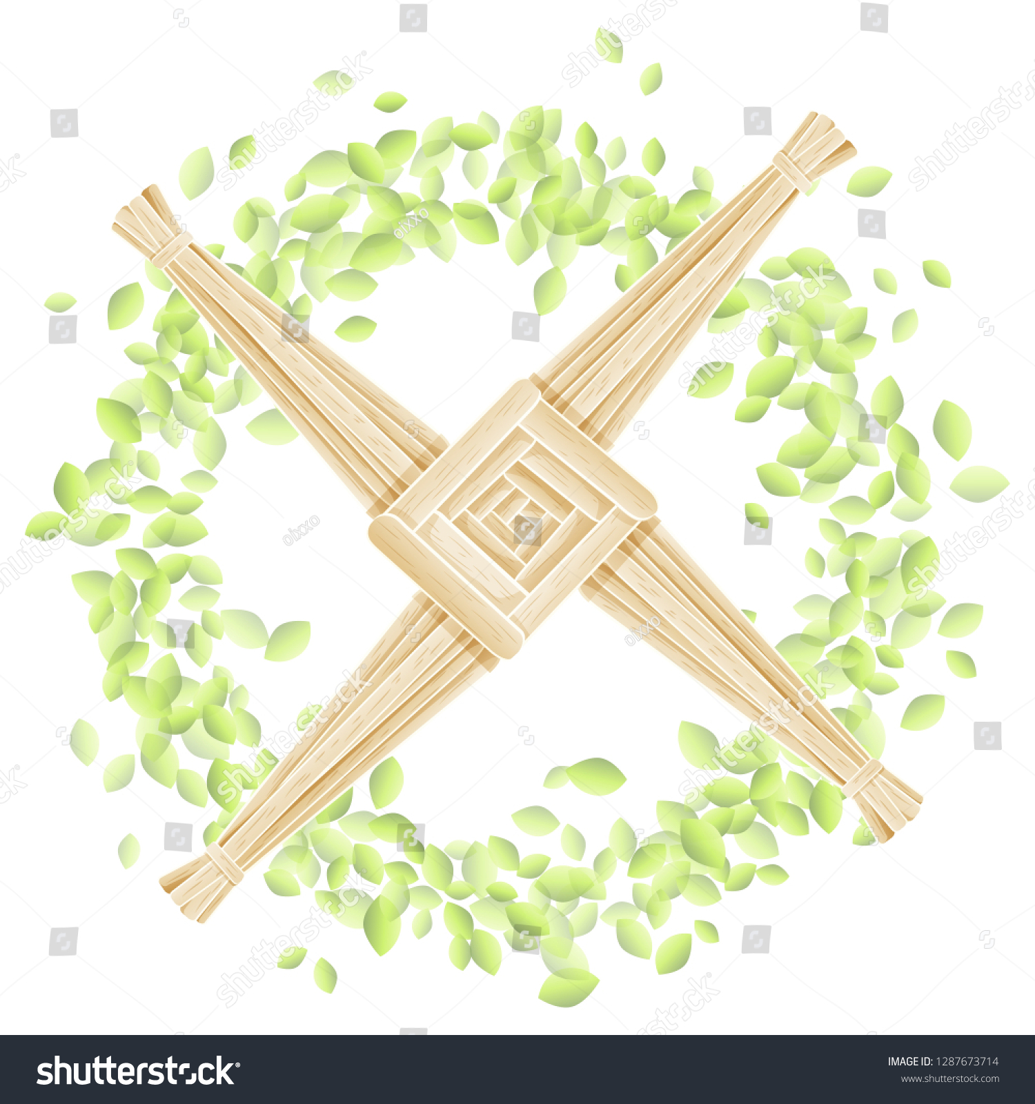 SVG of Brigid's Cross in a wreath of leaves. Imbolc pagan holiday template Vector postcard svg
