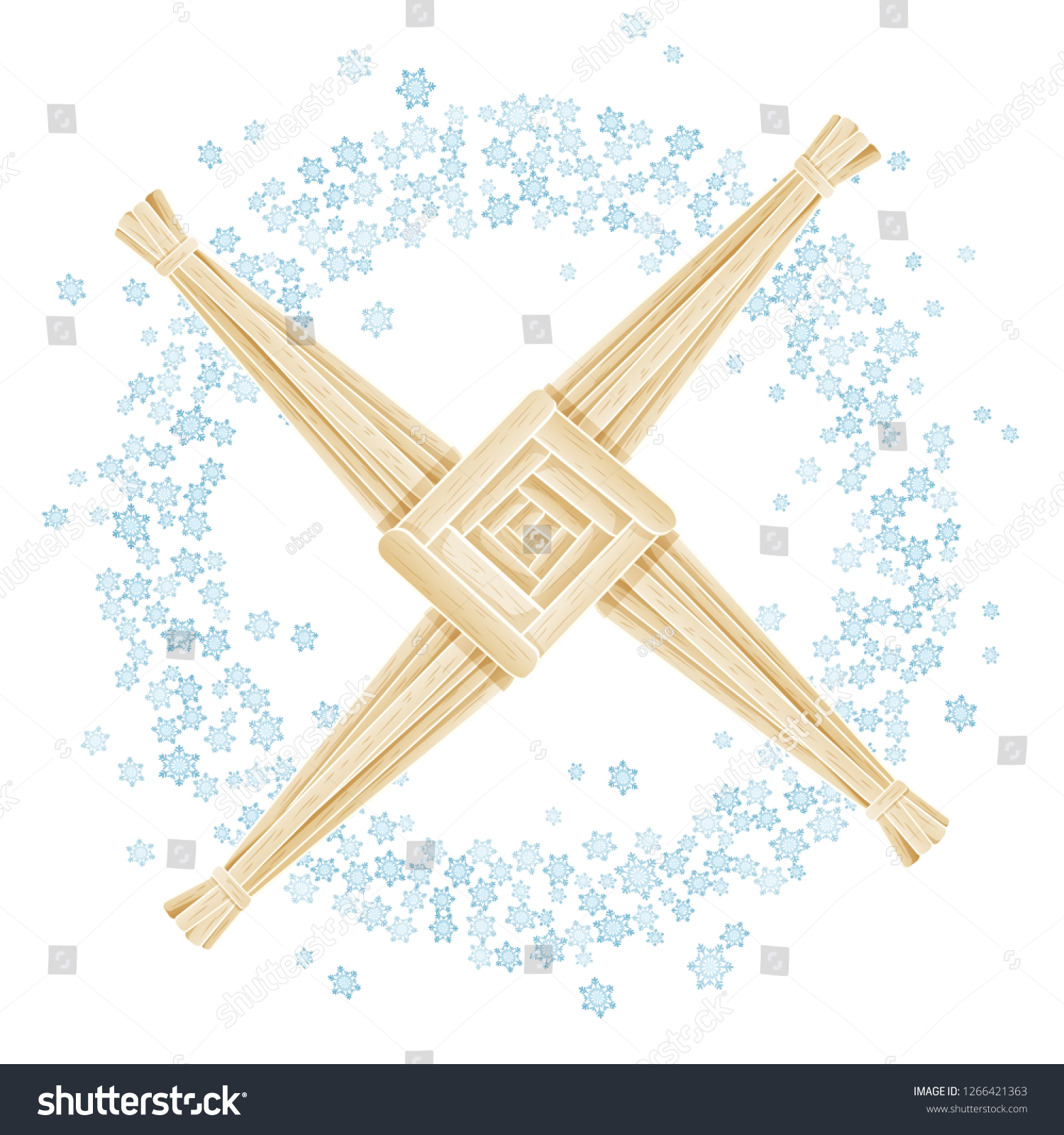 SVG of Brigid's Cross in a wreath of snowflakes. Imbolc pagan holiday template Vector postcard svg