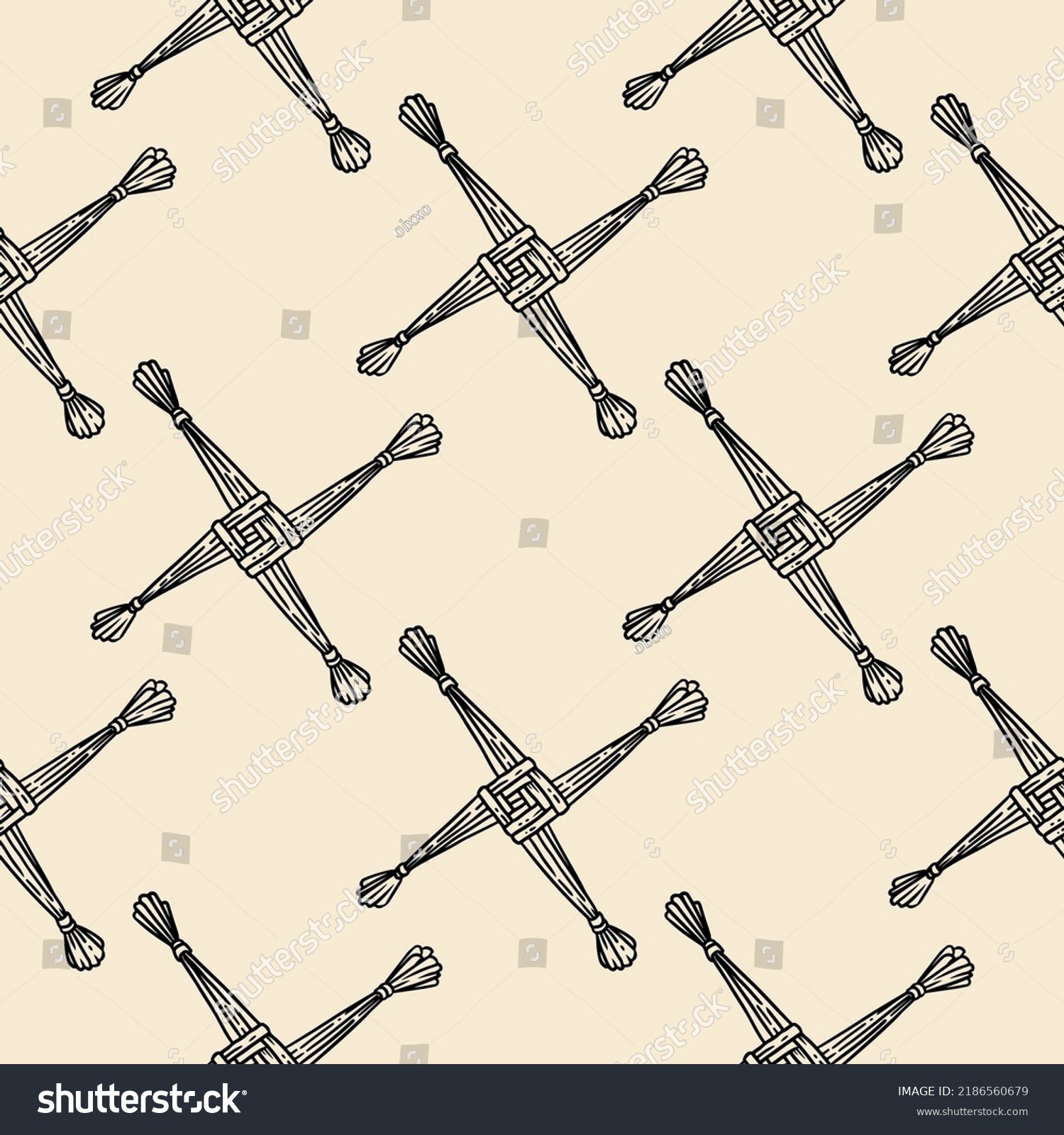 SVG of Brigid's Cross made of straw hand-drawn seamless pattern. Wiccan pagan print background. Stock texture tile svg