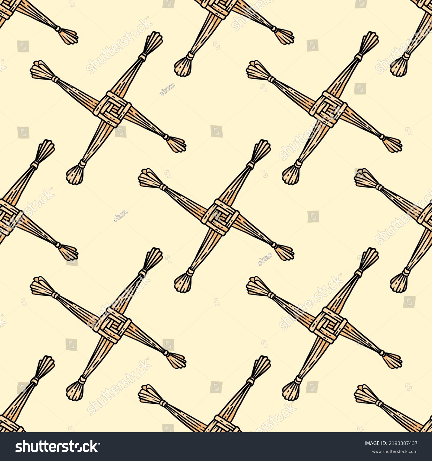 SVG of Brigid's Cross made of straw hand-drawn seamless pattern. Wiccan pagan print background. Stock texture tile svg