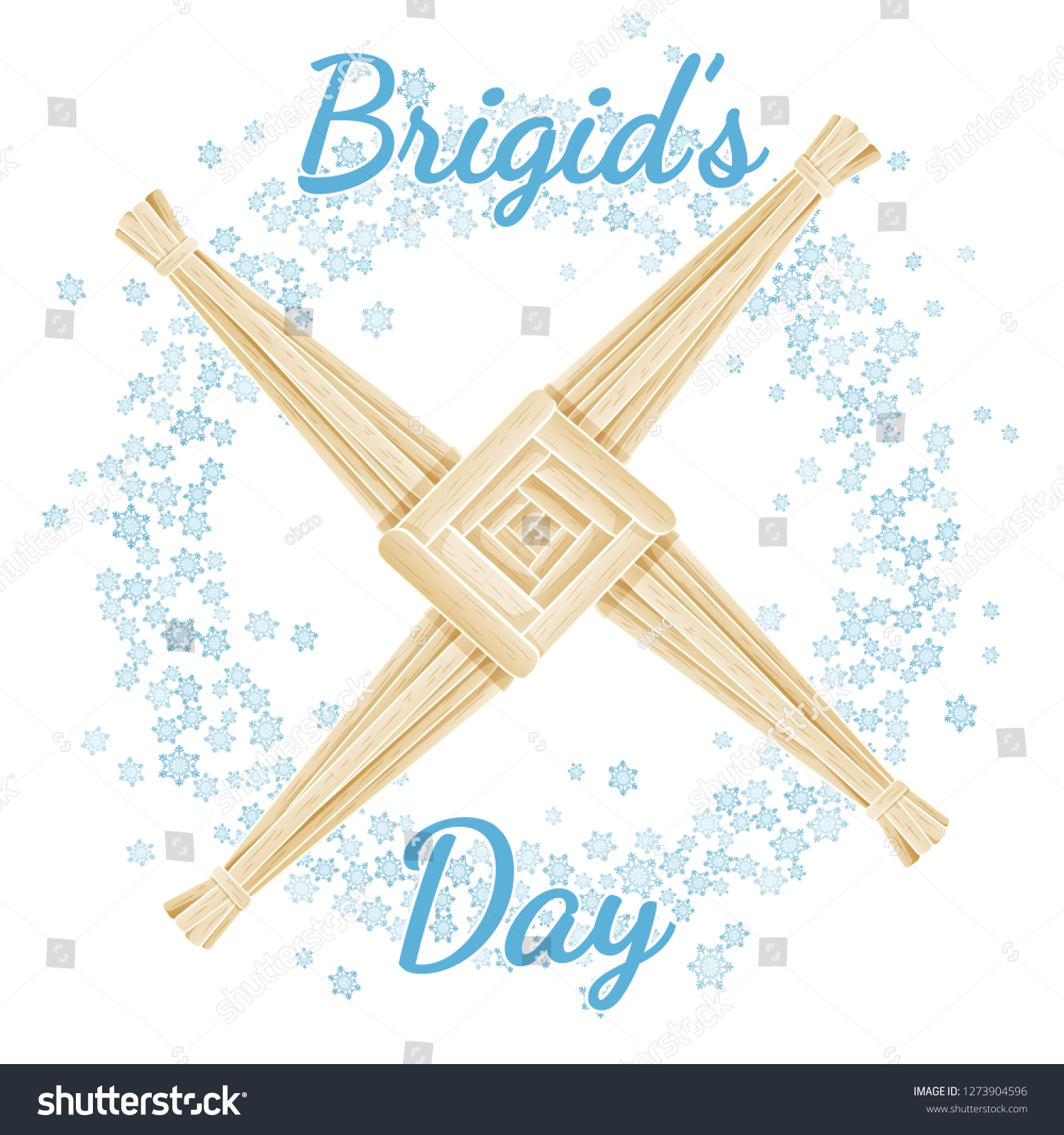 SVG of Brigid's Day beginning of spring pagan holiday text in a wreath of snowflakes with Brigid's Cross. Vector postcard svg
