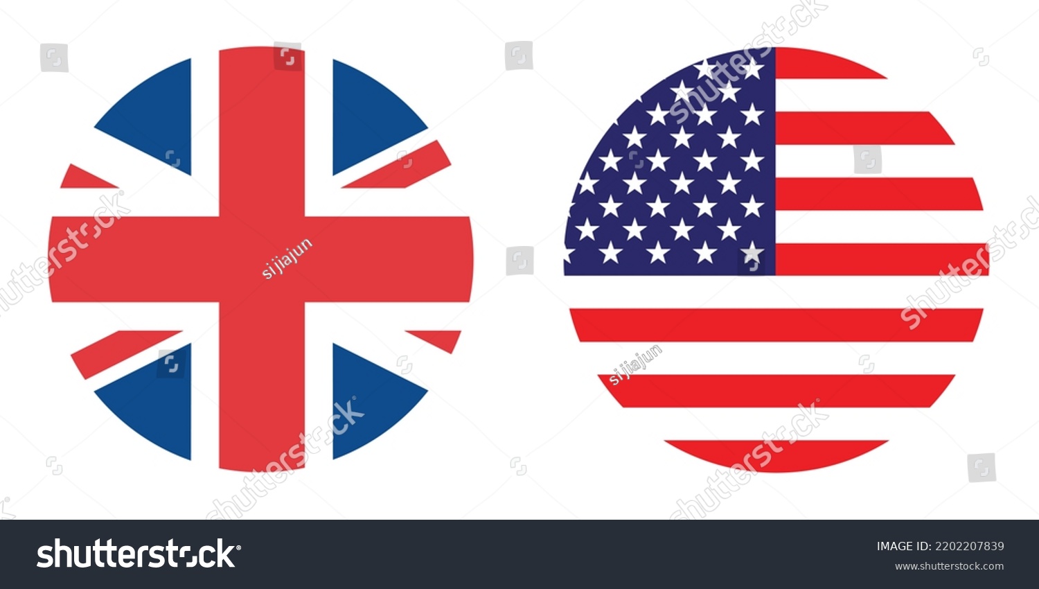 SVG of British and American flags. UK. U.S.A. Standard colors. Circular icon. Round flag. Digital illustration. Computer illustration. Vector illustration. svg