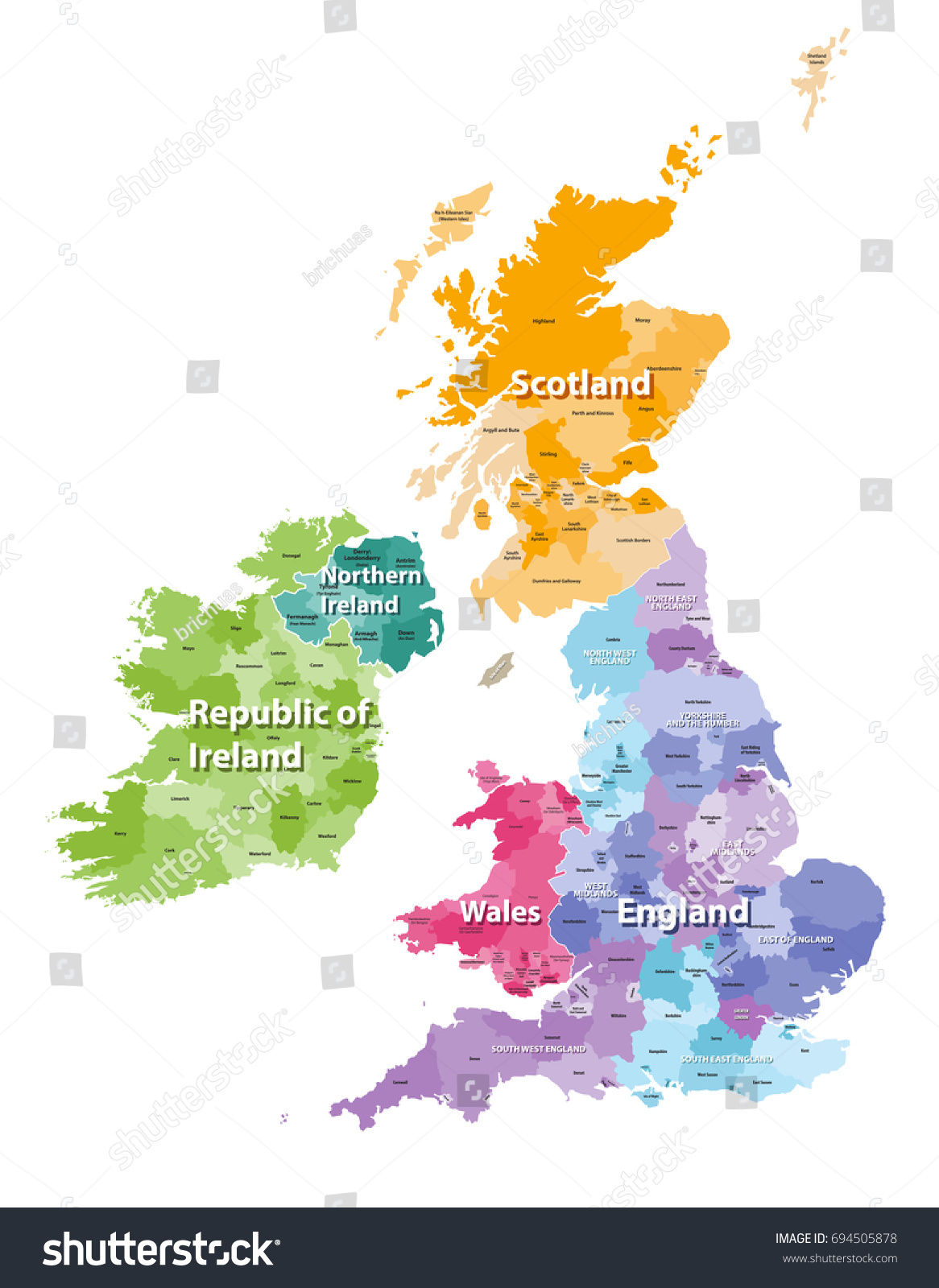 SVG of British Isles map colored by countries and regions vector illustration svg