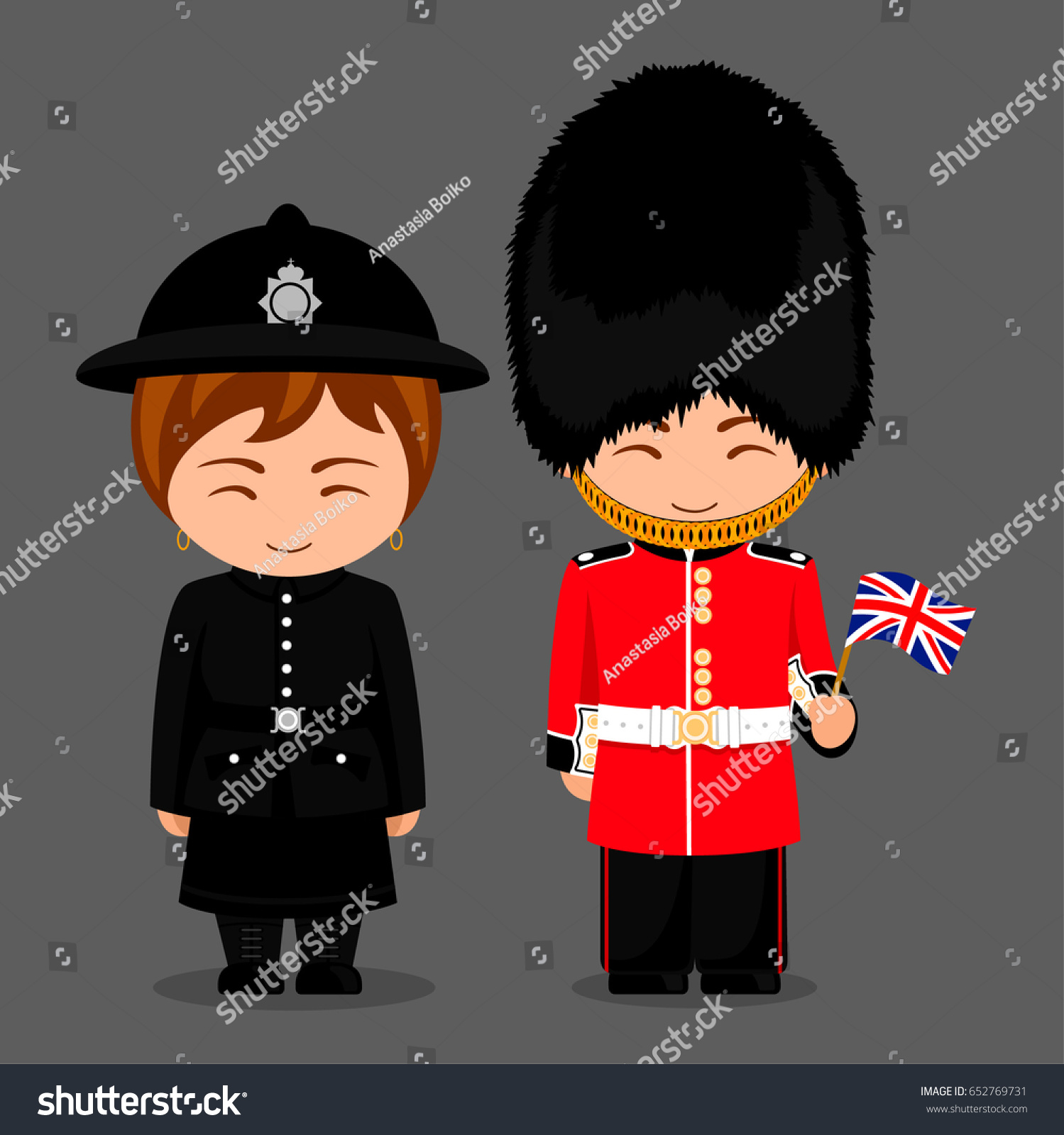 イギリス人 警察の女性と旗を持つ王室警備員 伝統衣装を着た男女 イギリスへ旅行 ベクターフラットイラスト のベクター画像素材 ロイヤリティフリー