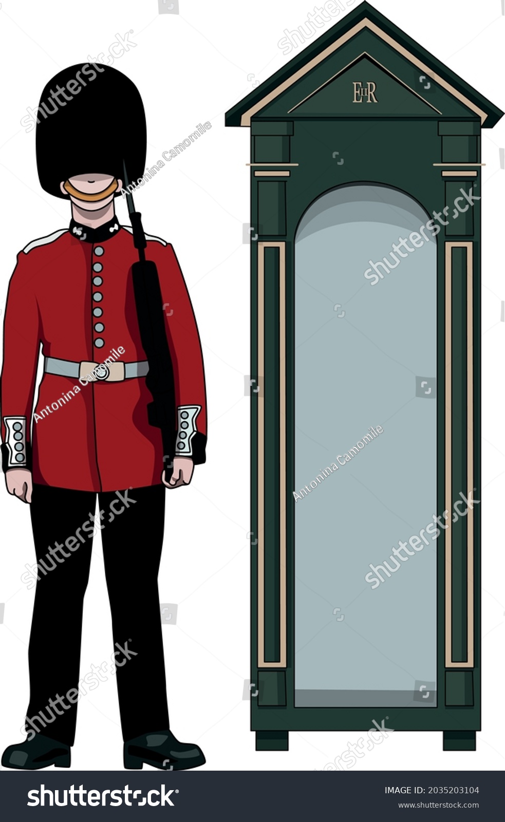 SVG of British Royal Guardsman at Buckingham Palace in London in a box on a white background svg