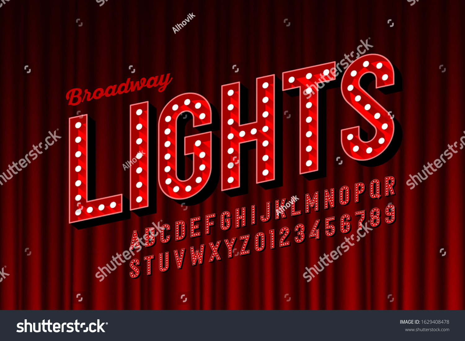 SVG of Broadway lights retro style font with light bulbs, vintage alphabet letters and numbers vector illustration svg