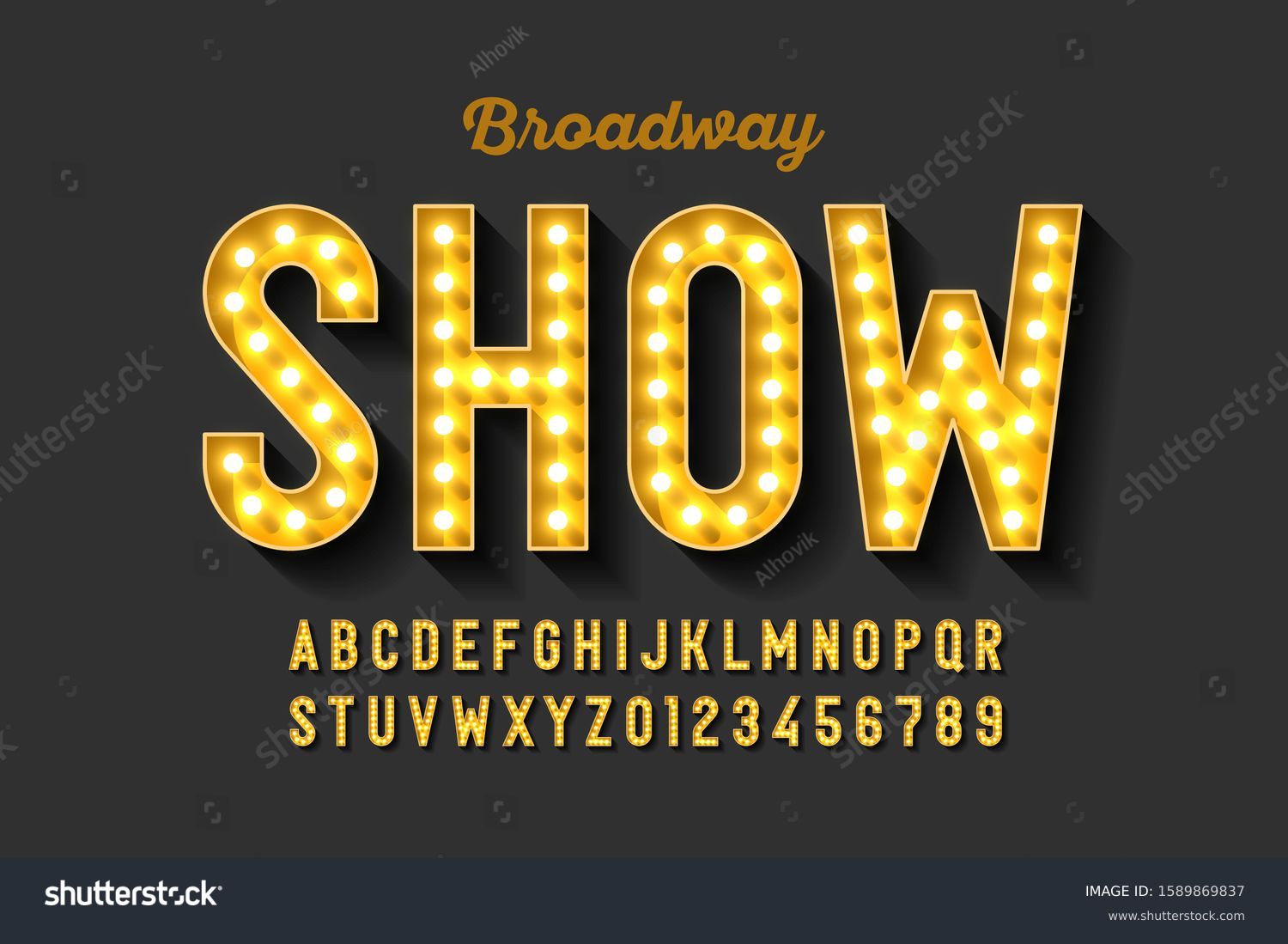 SVG of Broadway style retro light bulb font, vintage alphabet letters and numbers, vector illustration svg