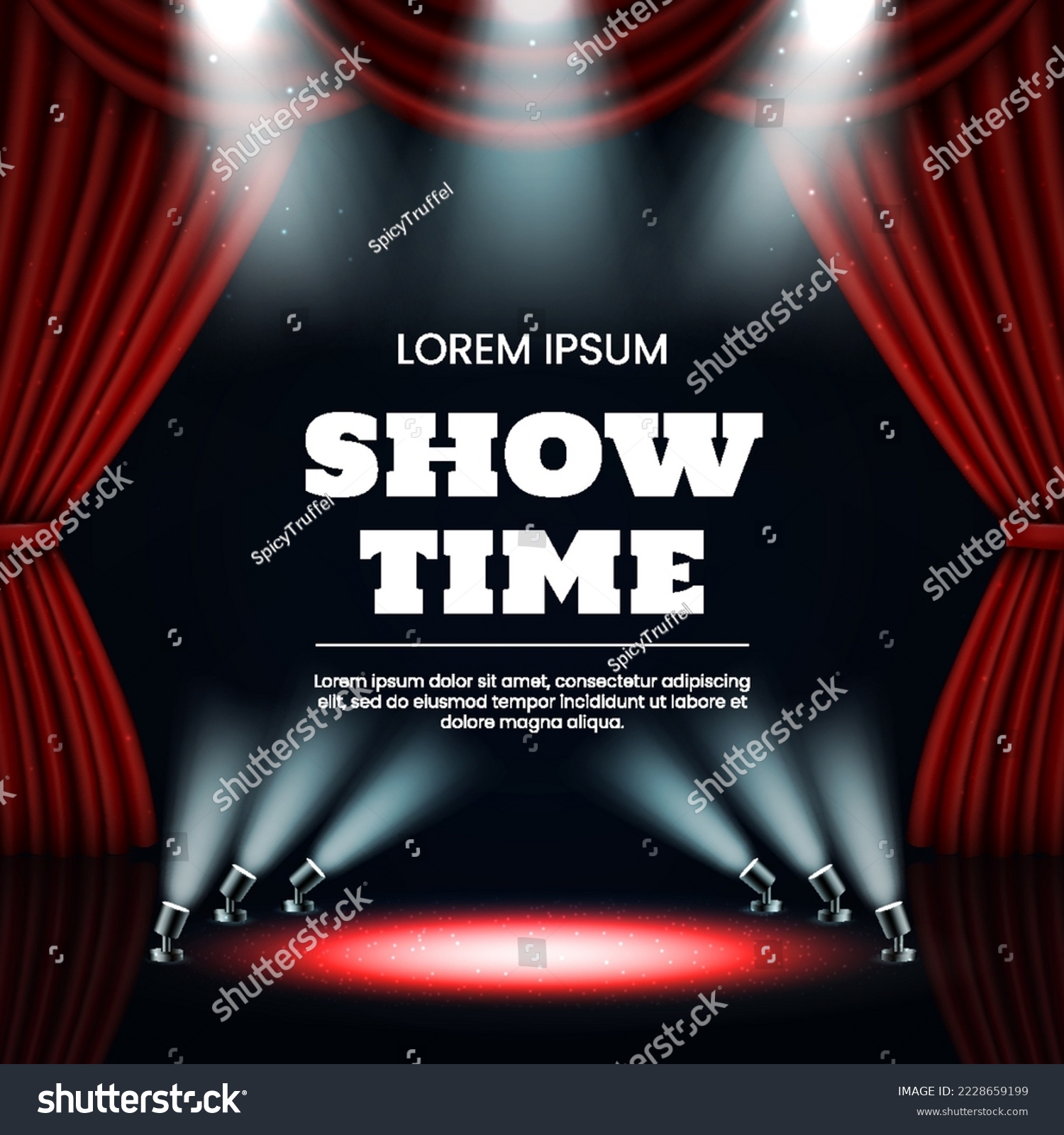 SVG of Broadway theater curtains. Award show. Stage red drapery and spotlights. Movie night or showtime. Casino lights. Cinema event. Illuminated circle. Presentation banner. Vector background svg