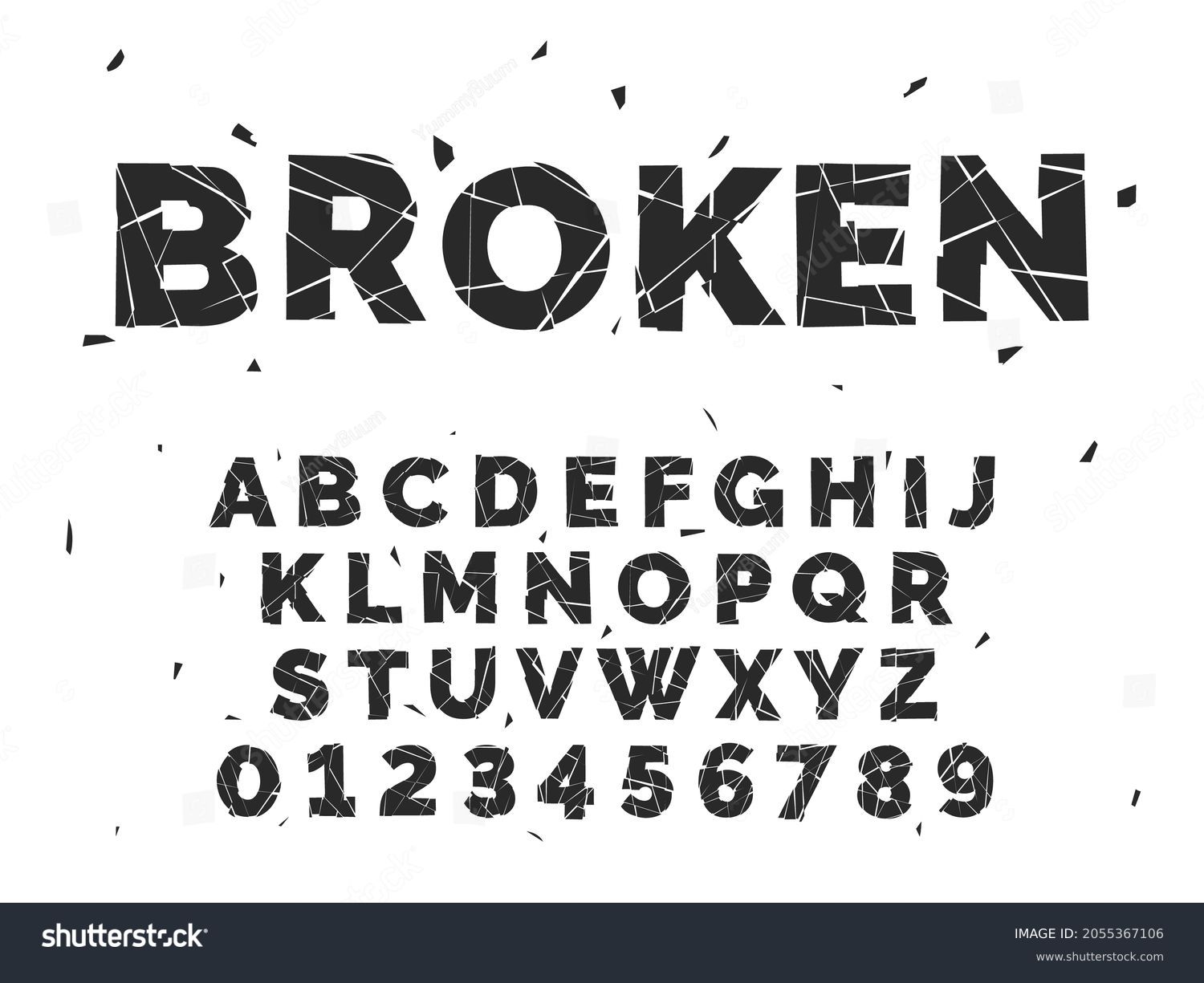 SVG of Broken alphabet. Crash font, capital latin letters and numbers, crack style english abc, smashed fragments, text design, chopped type, glass or ice pieces, black silhouette vector isolated set svg