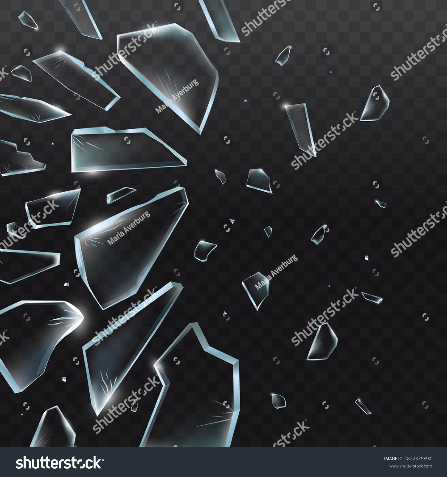 SVG of Broken glass pieces. Shattered glass on black background. Vector realistic illustration svg